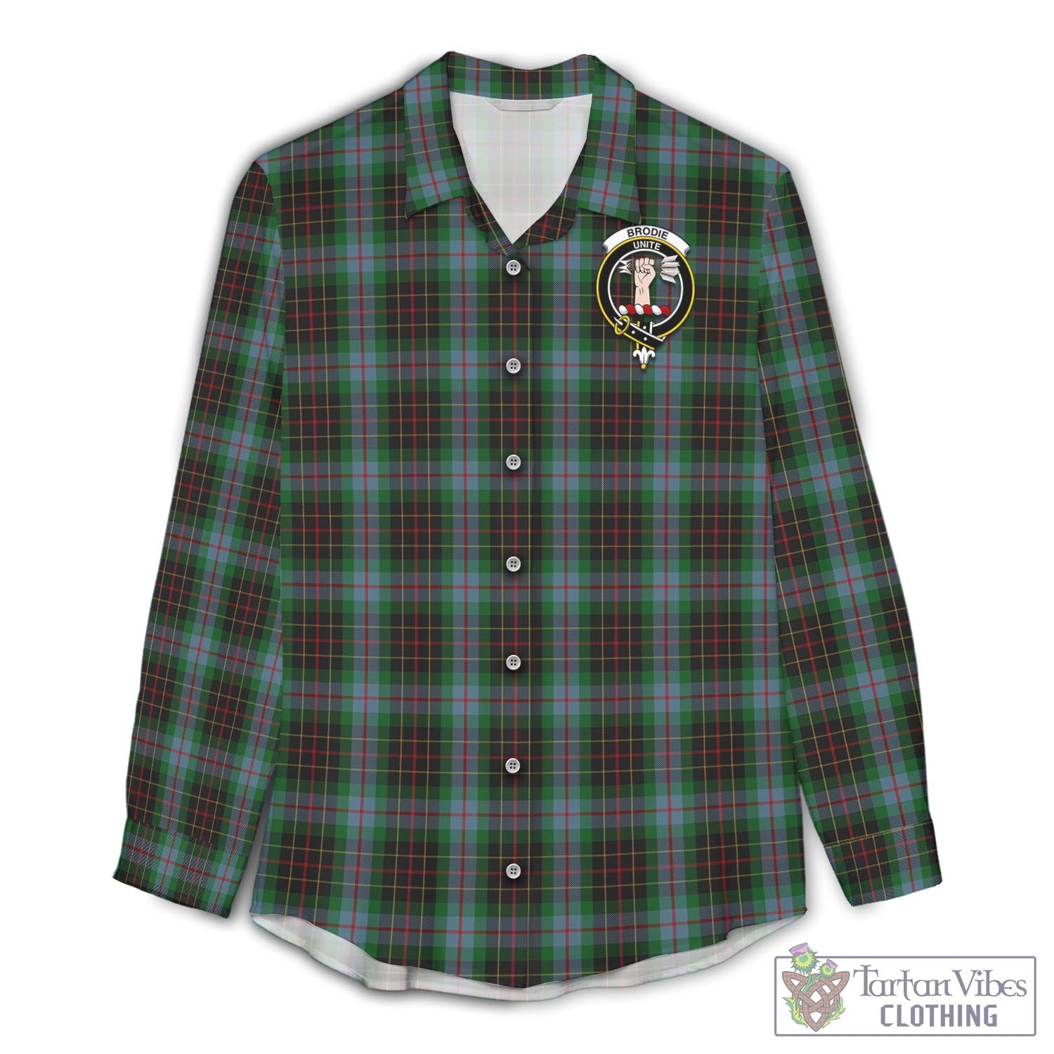 Tartan Vibes Clothing Brodie Hunting Tartan Womens Casual Shirt with Family Crest