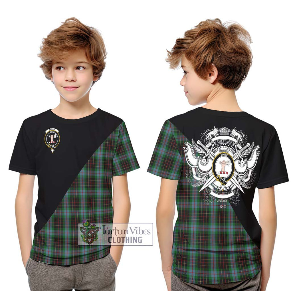 Brodie Hunting Tartan Kid T-Shirt with Family Crest and Military Logo Style Youth XL Size14 - Tartanvibesclothing Shop