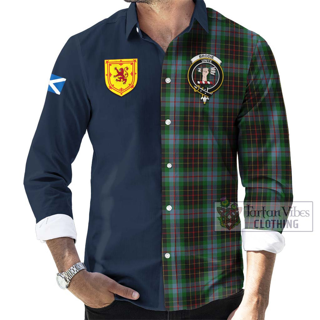 Tartan Vibes Clothing Brodie Hunting Tartan Long Sleeve Button Shirt with Scottish Lion Royal Arm Half Style