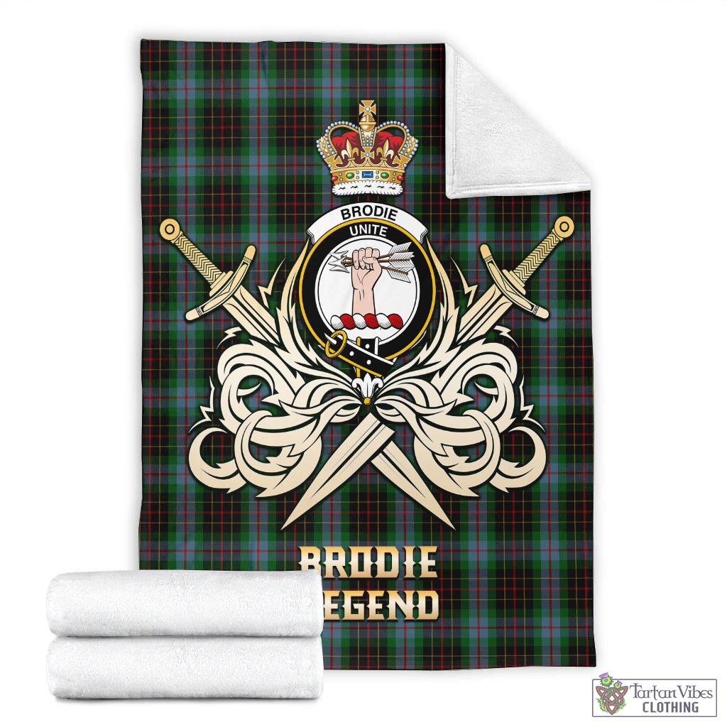 Tartan Vibes Clothing Brodie Hunting Tartan Blanket with Clan Crest and the Golden Sword of Courageous Legacy