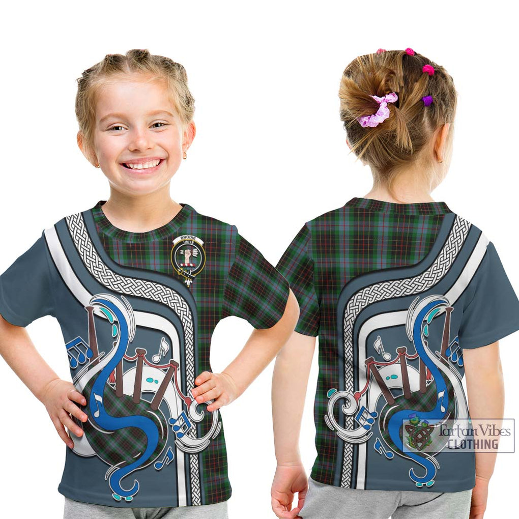 Tartan Vibes Clothing Brodie Hunting Tartan Kid T-Shirt with Epic Bagpipe Style