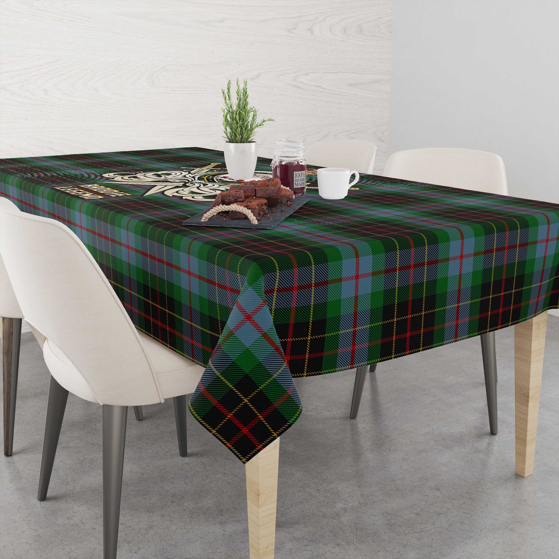 Tartan Vibes Clothing Brodie Hunting Tartan Tablecloth with Clan Crest and the Golden Sword of Courageous Legacy