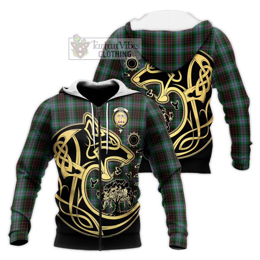 Tartan Vibes Clothing Brodie Hunting Tartan Knitted Hoodie with Family Crest Celtic Wolf Style