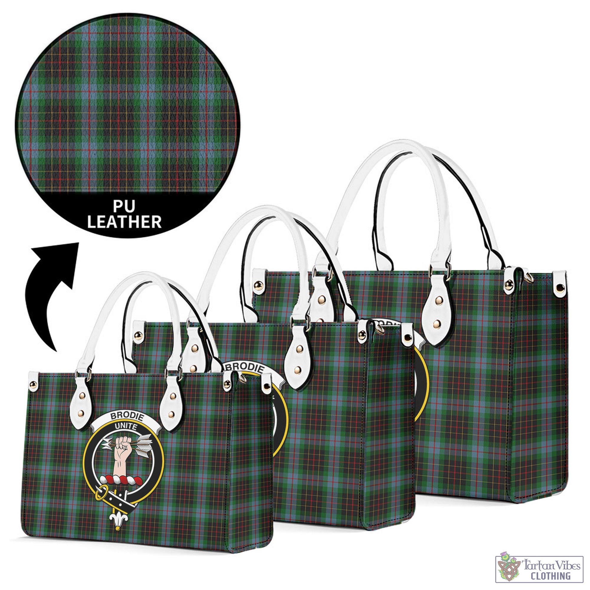 Tartan Vibes Clothing Brodie Hunting Tartan Luxury Leather Handbags with Family Crest