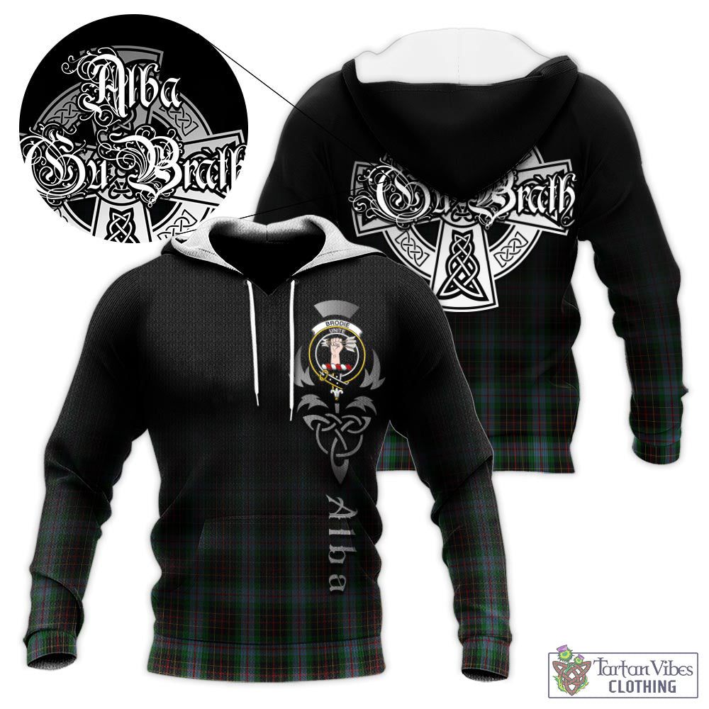 Tartan Vibes Clothing Brodie Hunting Tartan Knitted Hoodie Featuring Alba Gu Brath Family Crest Celtic Inspired