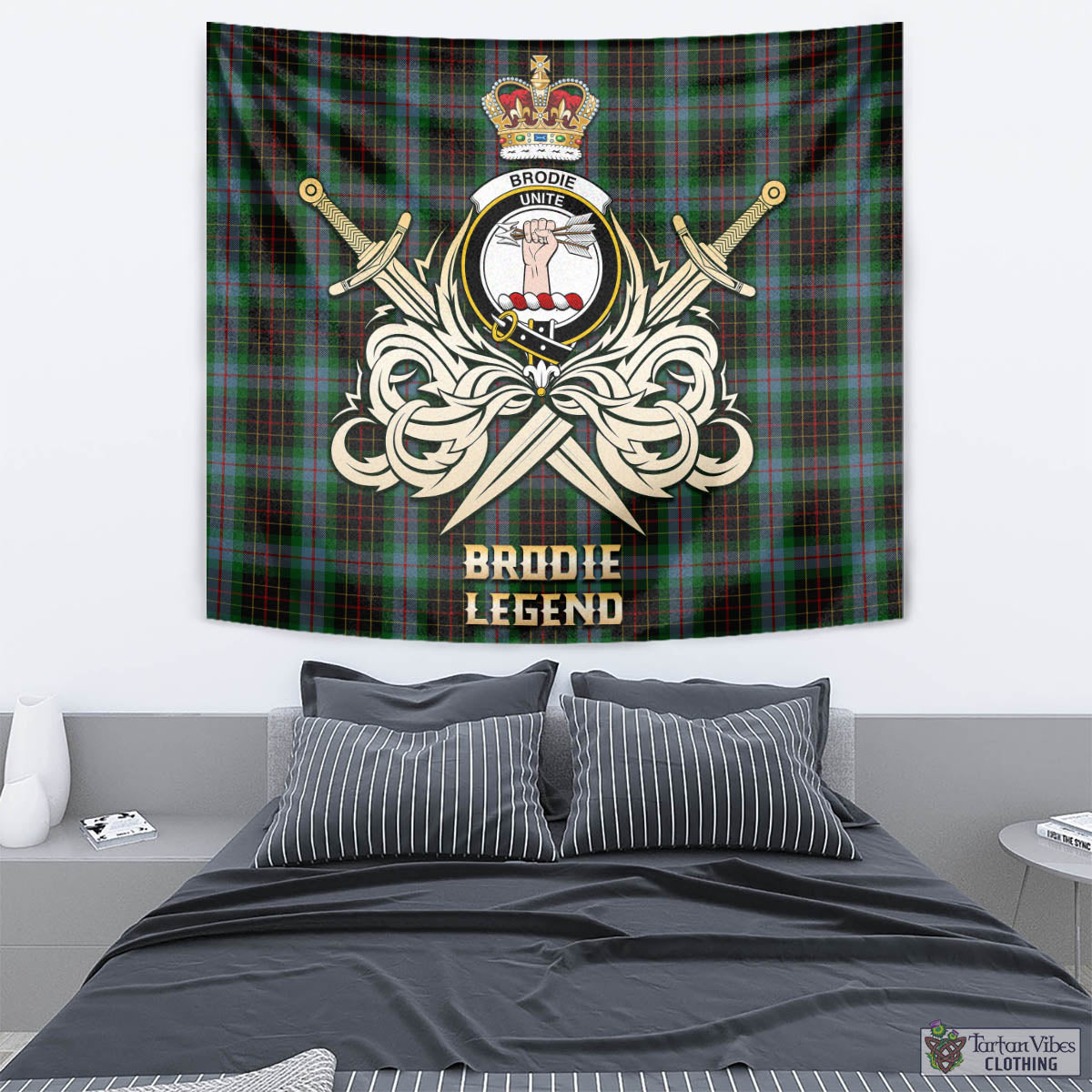 Tartan Vibes Clothing Brodie Hunting Tartan Tapestry with Clan Crest and the Golden Sword of Courageous Legacy