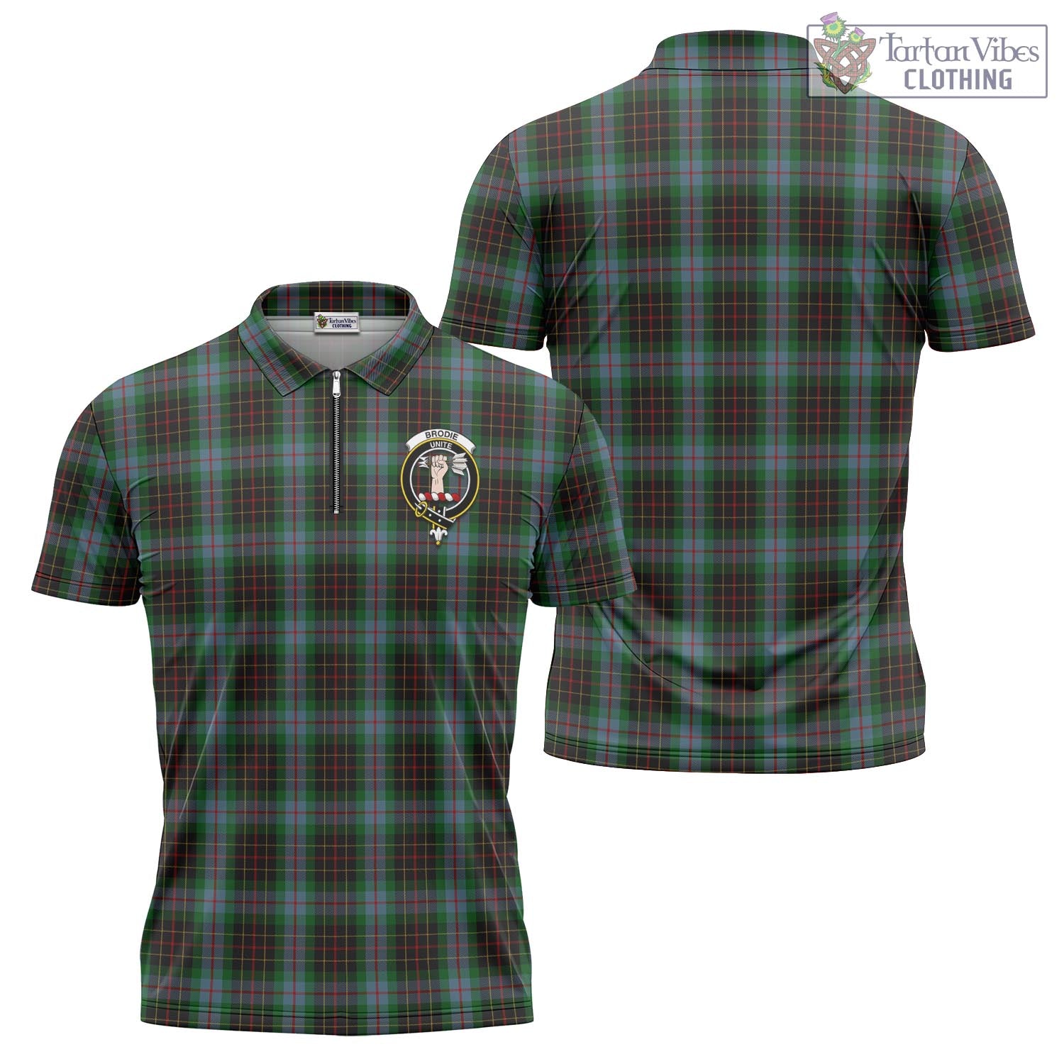 Tartan Vibes Clothing Brodie Hunting Tartan Zipper Polo Shirt with Family Crest