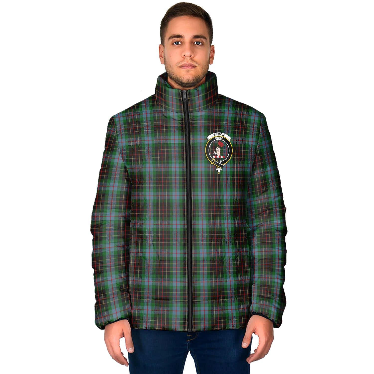 Brodie Hunting Tartan Padded Jacket with Family Crest - Tartan Vibes Clothing