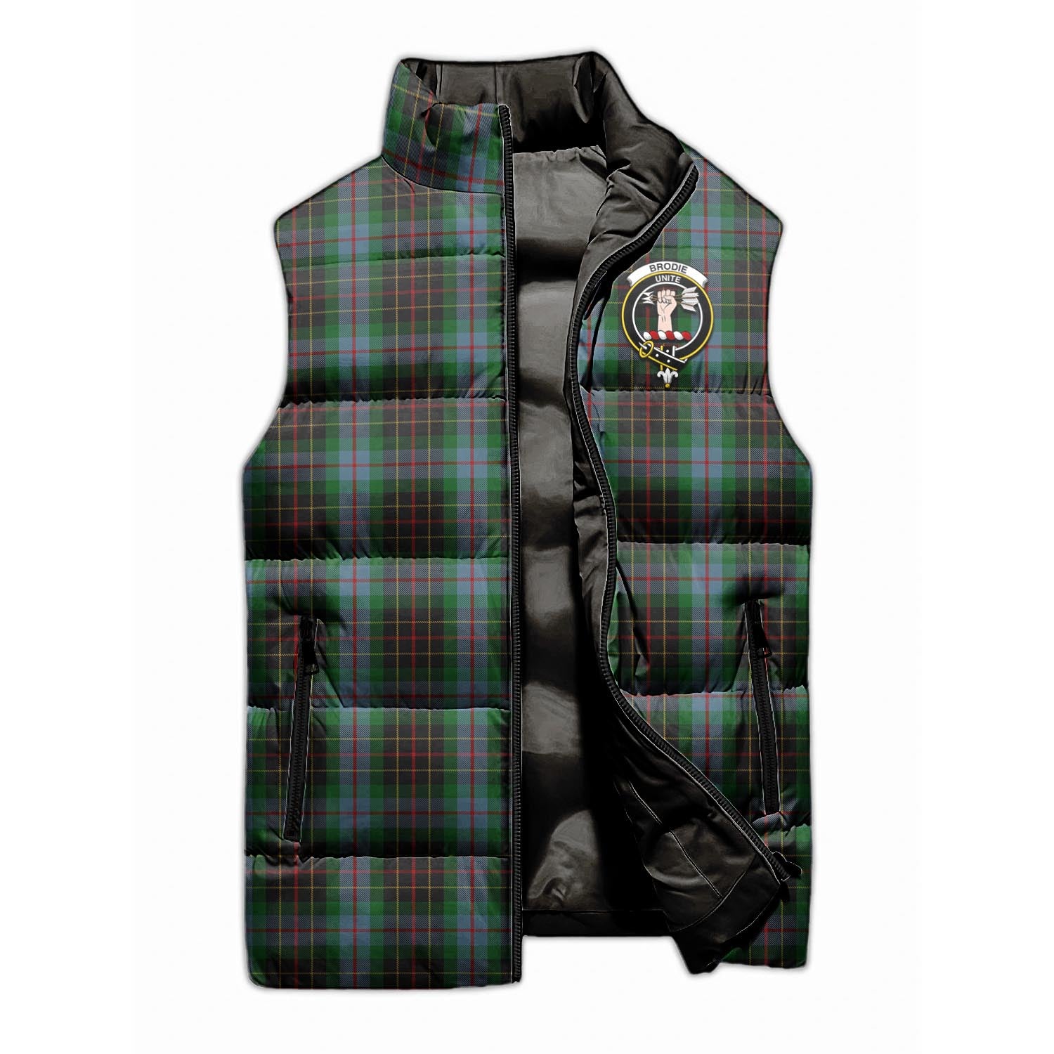 Brodie Hunting Tartan Sleeveless Puffer Jacket with Family Crest - Tartanvibesclothing