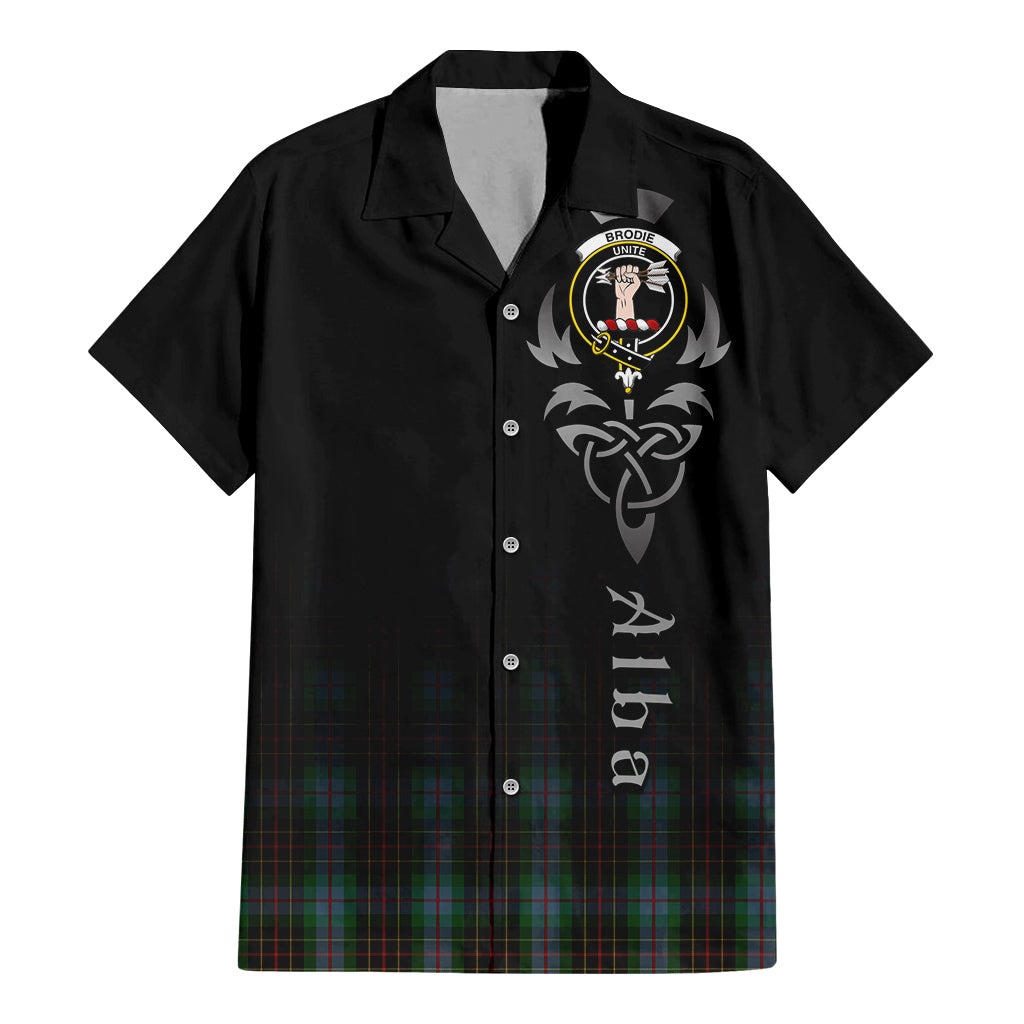 Tartan Vibes Clothing Brodie Hunting Tartan Short Sleeve Button Up Featuring Alba Gu Brath Family Crest Celtic Inspired