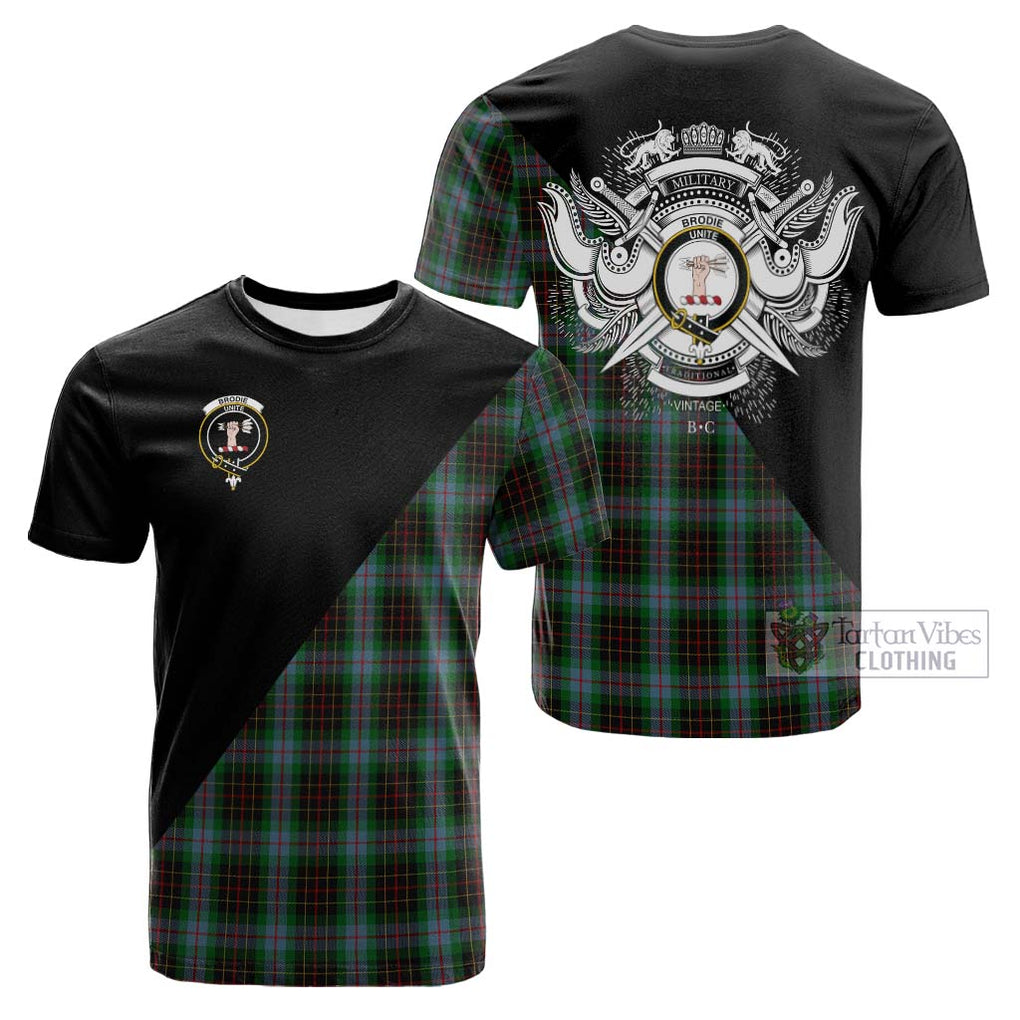 Tartan Vibes Clothing Brodie Hunting Tartan Cotton T-shirt with Family Crest and Military Logo Style