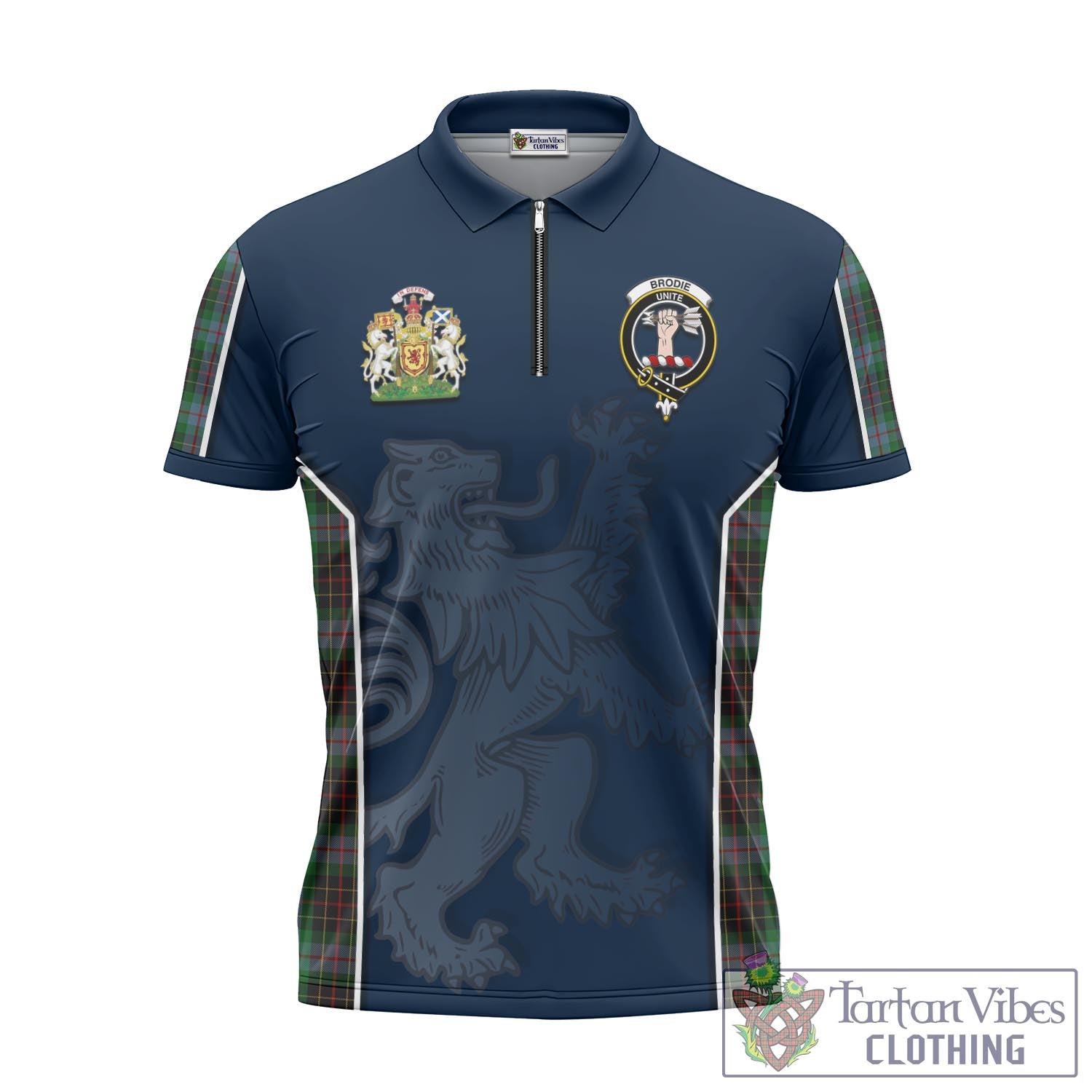 Tartan Vibes Clothing Brodie Hunting Tartan Zipper Polo Shirt with Family Crest and Lion Rampant Vibes Sport Style