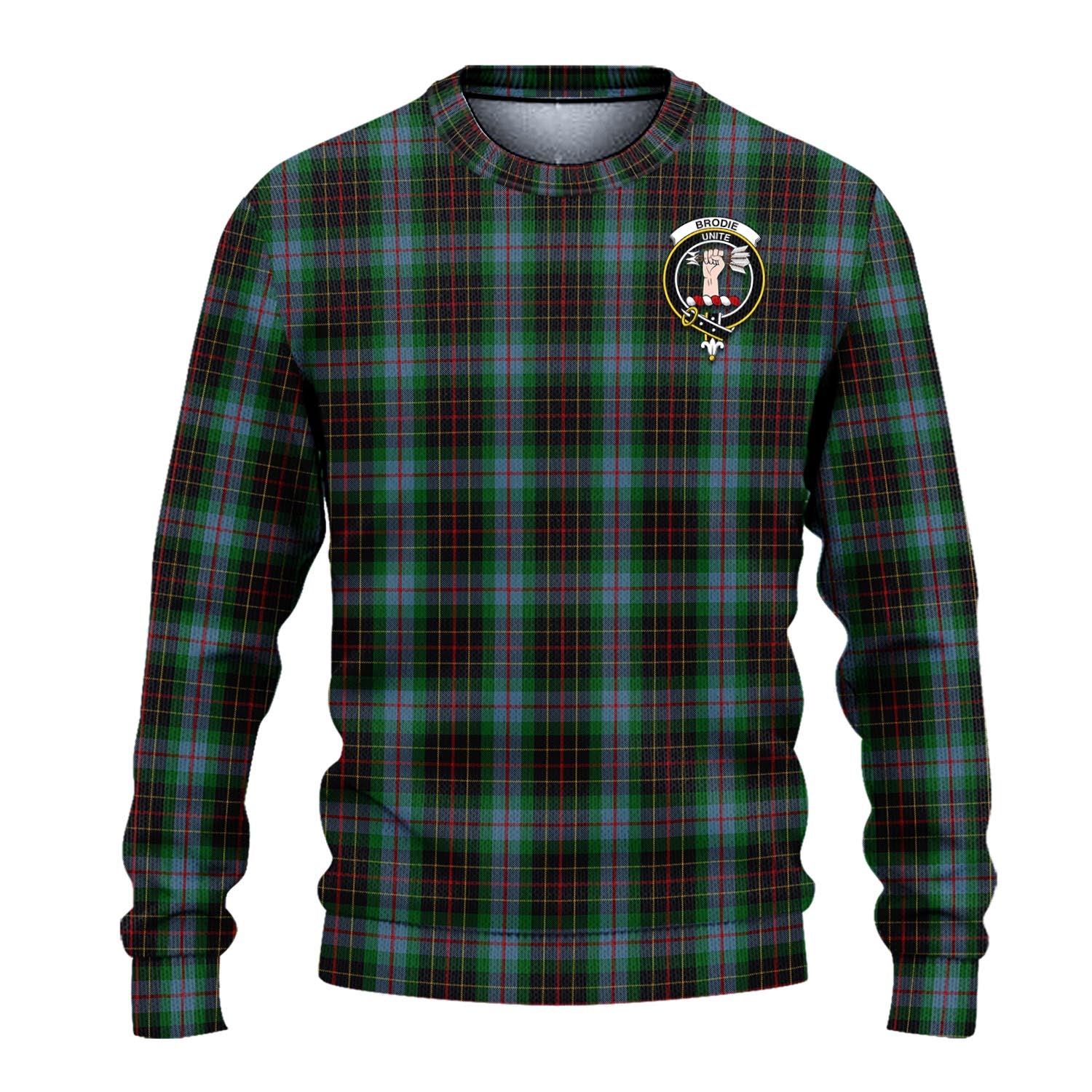 Brodie Hunting Tartan Knitted Sweater with Family Crest - Tartanvibesclothing