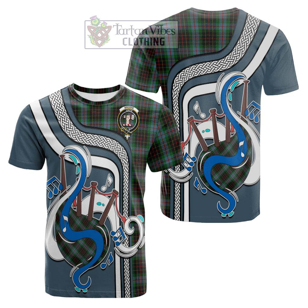 Tartan Vibes Clothing Brodie Hunting Tartan Cotton T-shirt with Epic Bagpipe Style