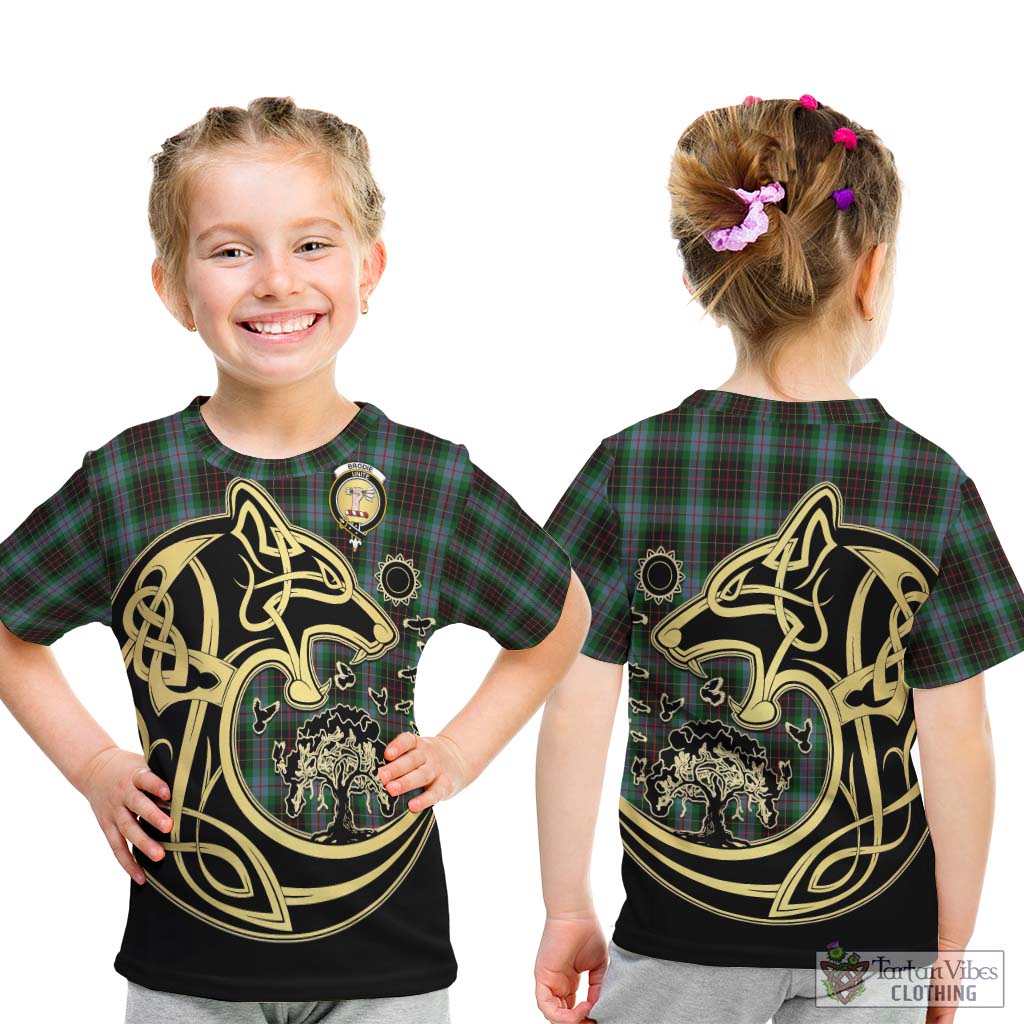 Tartan Vibes Clothing Brodie Hunting Tartan Kid T-Shirt with Family Crest Celtic Wolf Style