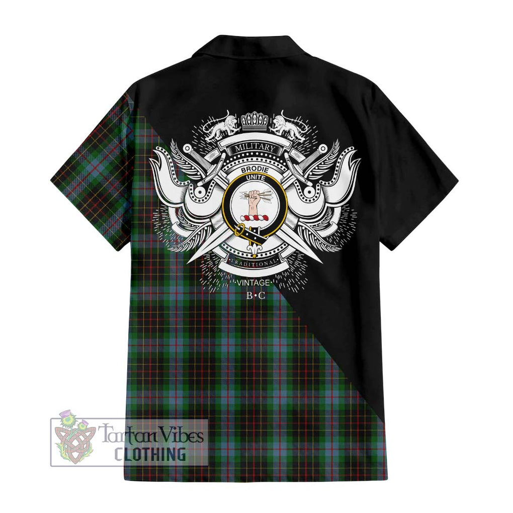 Brodie Hunting Tartan Short Sleeve Button Shirt with Family Crest and Military Logo Style - Tartanvibesclothing Shop