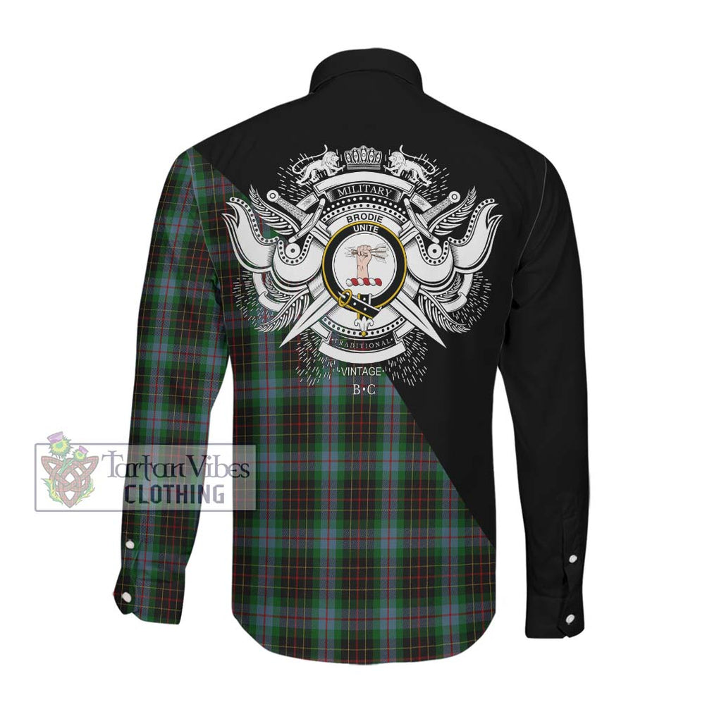 Brodie Hunting Tartan Long Sleeve Button Shirt with Family Crest and Military Logo Style Men's Shirt - Tartanvibesclothing Shop