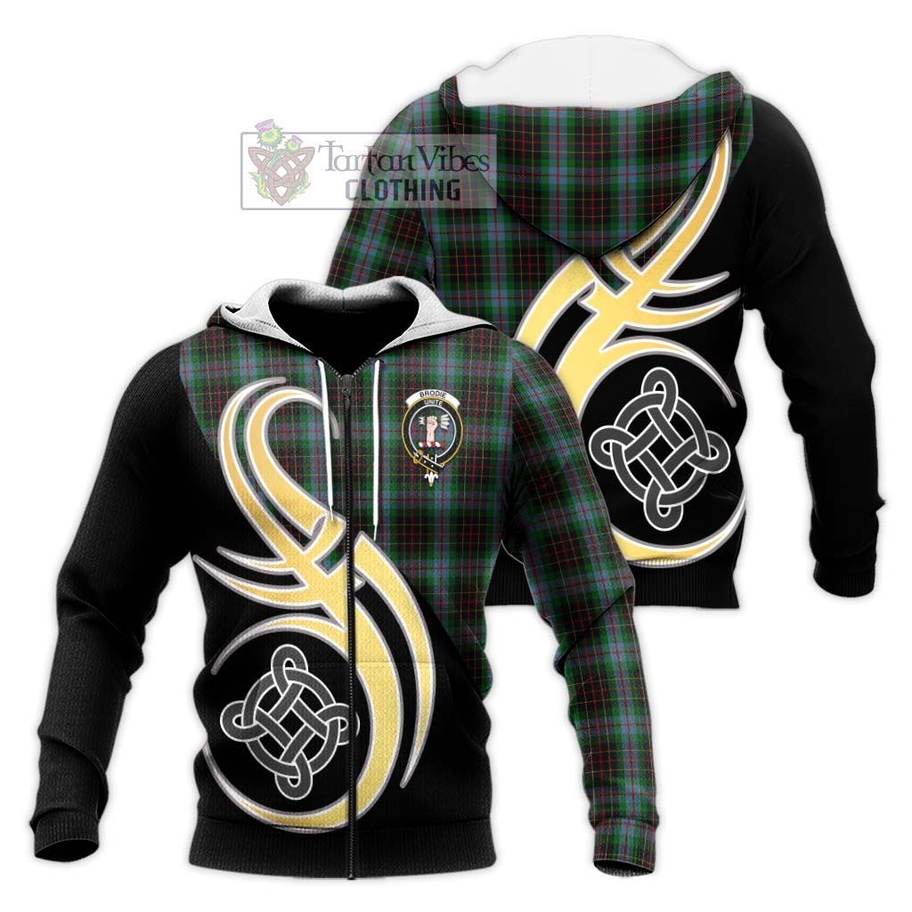 Tartan Vibes Clothing Brodie Hunting Tartan Knitted Hoodie with Family Crest and Celtic Symbol Style