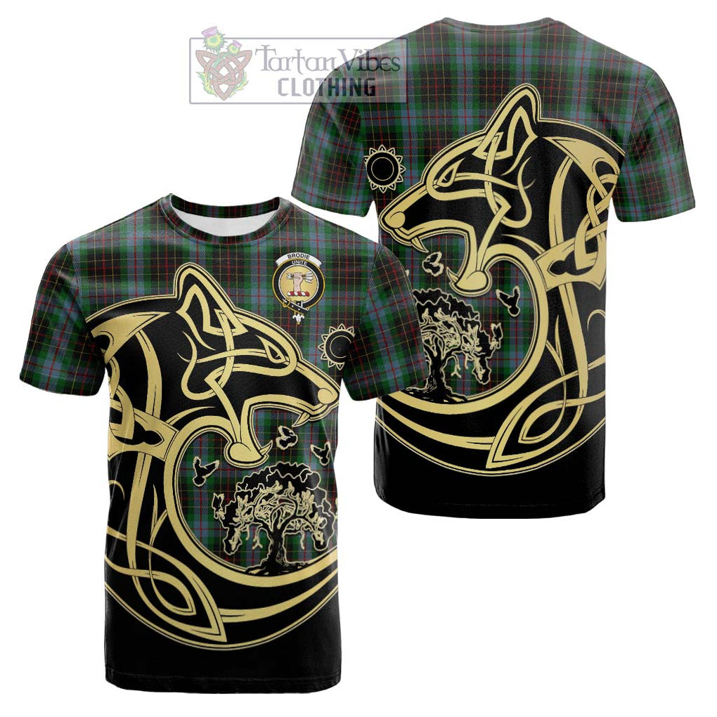 Tartan Vibes Clothing Brodie Hunting Tartan Cotton T-shirt with Family Crest Celtic Wolf Style