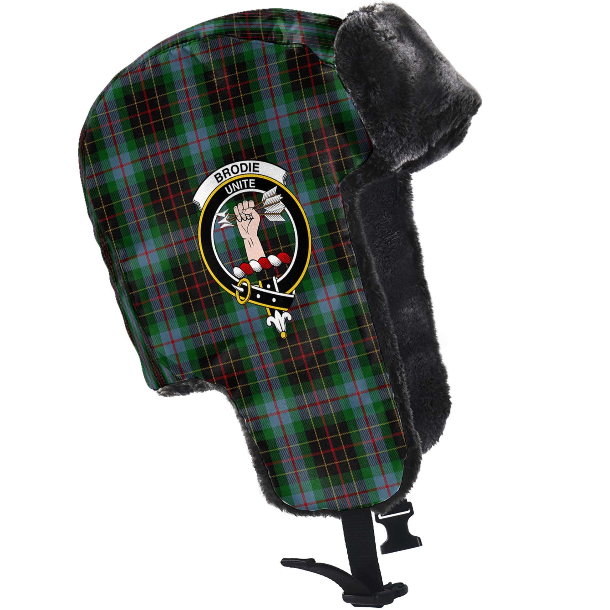 Brodie Hunting Tartan Winter Trapper Hat with Family Crest - Tartanvibesclothing