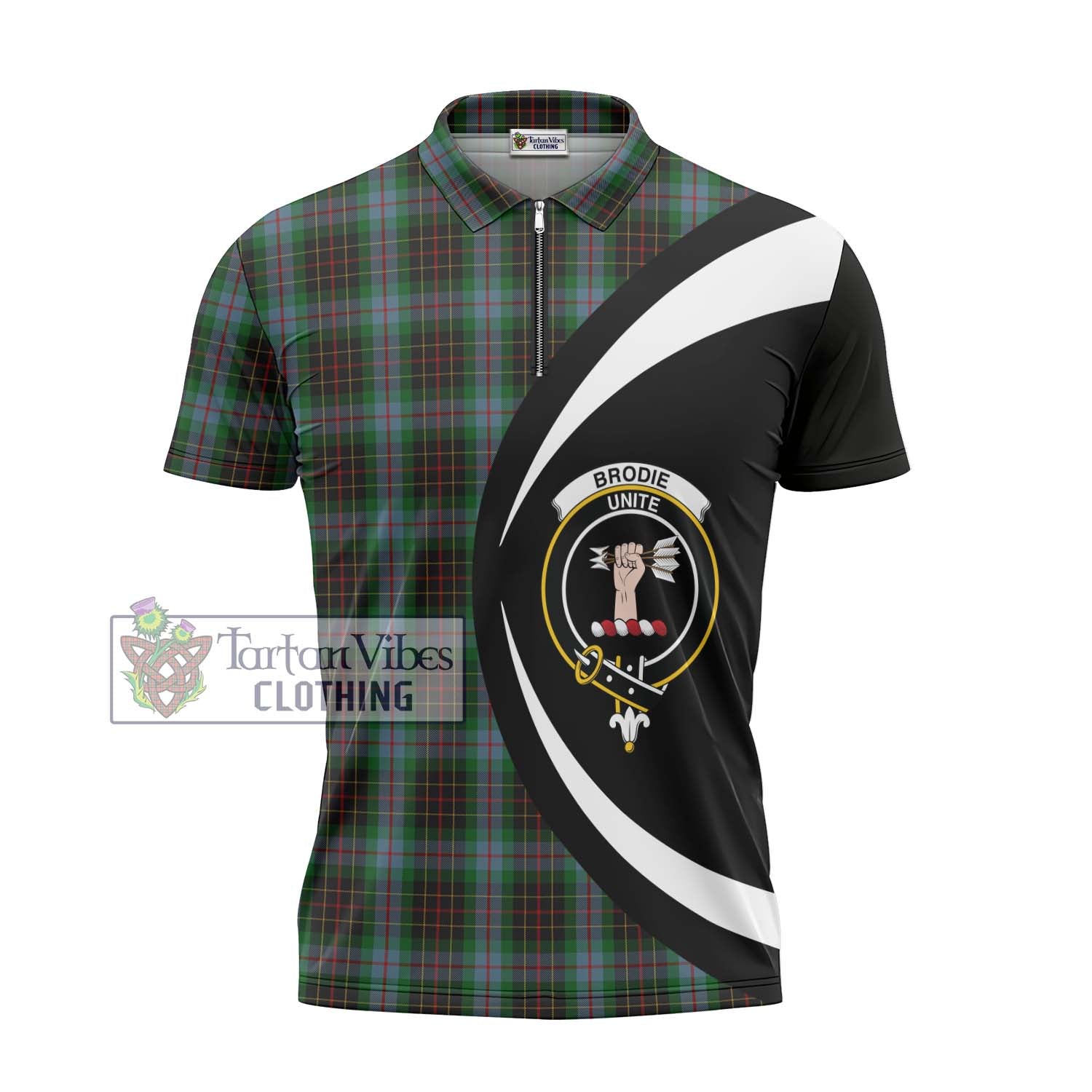 Tartan Vibes Clothing Brodie Hunting Tartan Zipper Polo Shirt with Family Crest Circle Style