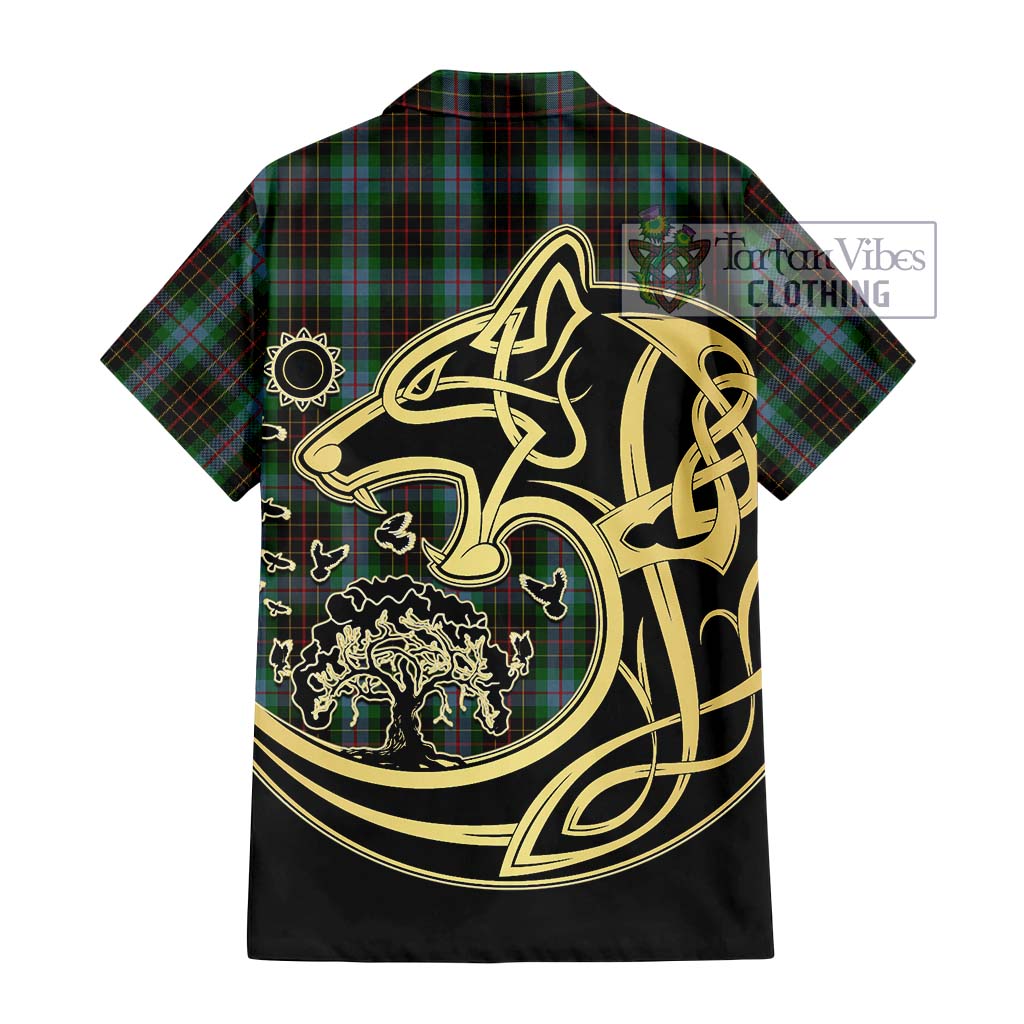 Tartan Vibes Clothing Brodie Hunting Tartan Short Sleeve Button Shirt with Family Crest Celtic Wolf Style