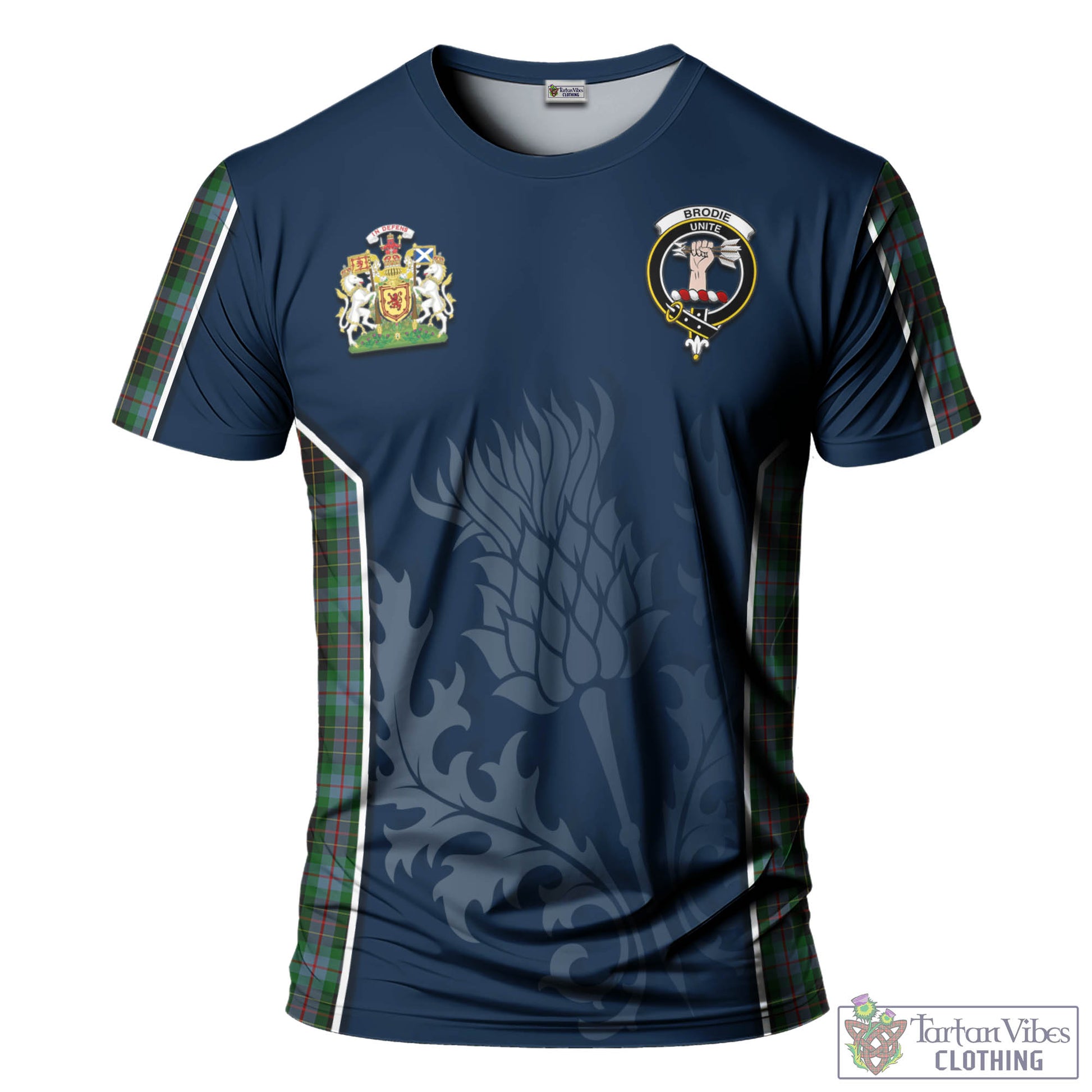 Tartan Vibes Clothing Brodie Hunting Tartan T-Shirt with Family Crest and Scottish Thistle Vibes Sport Style