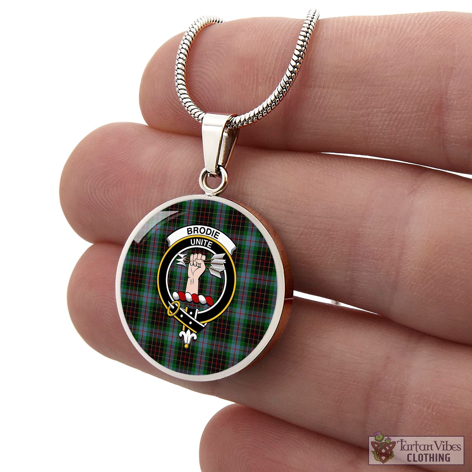 Tartan Vibes Clothing Brodie Hunting Tartan Circle Necklace with Family Crest