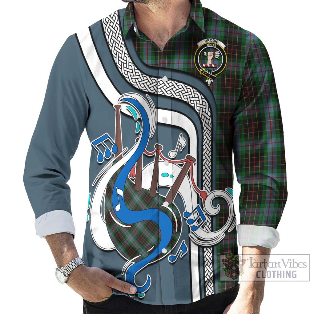 Brodie Hunting Tartan Long Sleeve Button Shirt with Epic Bagpipe Style - Tartanvibesclothing Shop