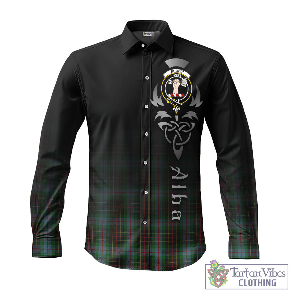 Tartan Vibes Clothing Brodie Hunting Tartan Long Sleeve Button Up Featuring Alba Gu Brath Family Crest Celtic Inspired