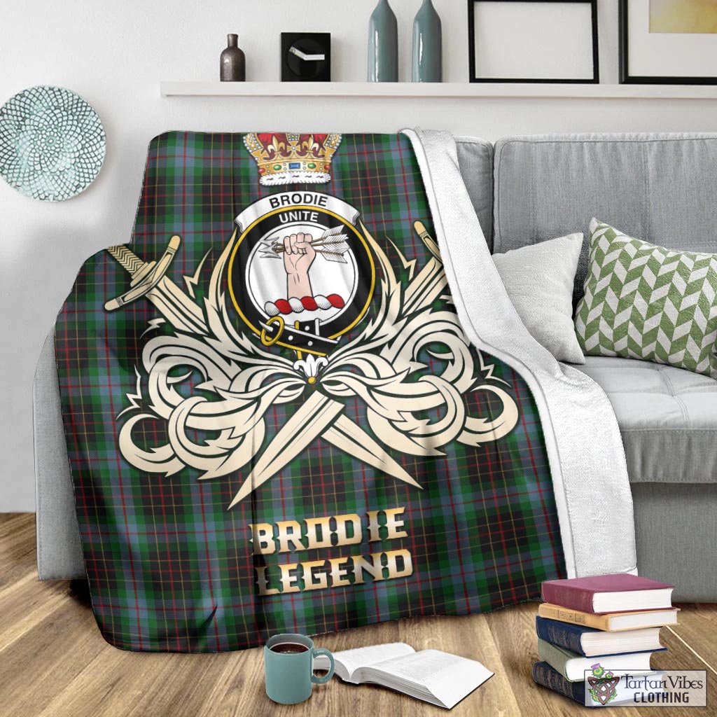 Tartan Vibes Clothing Brodie Hunting Tartan Blanket with Clan Crest and the Golden Sword of Courageous Legacy