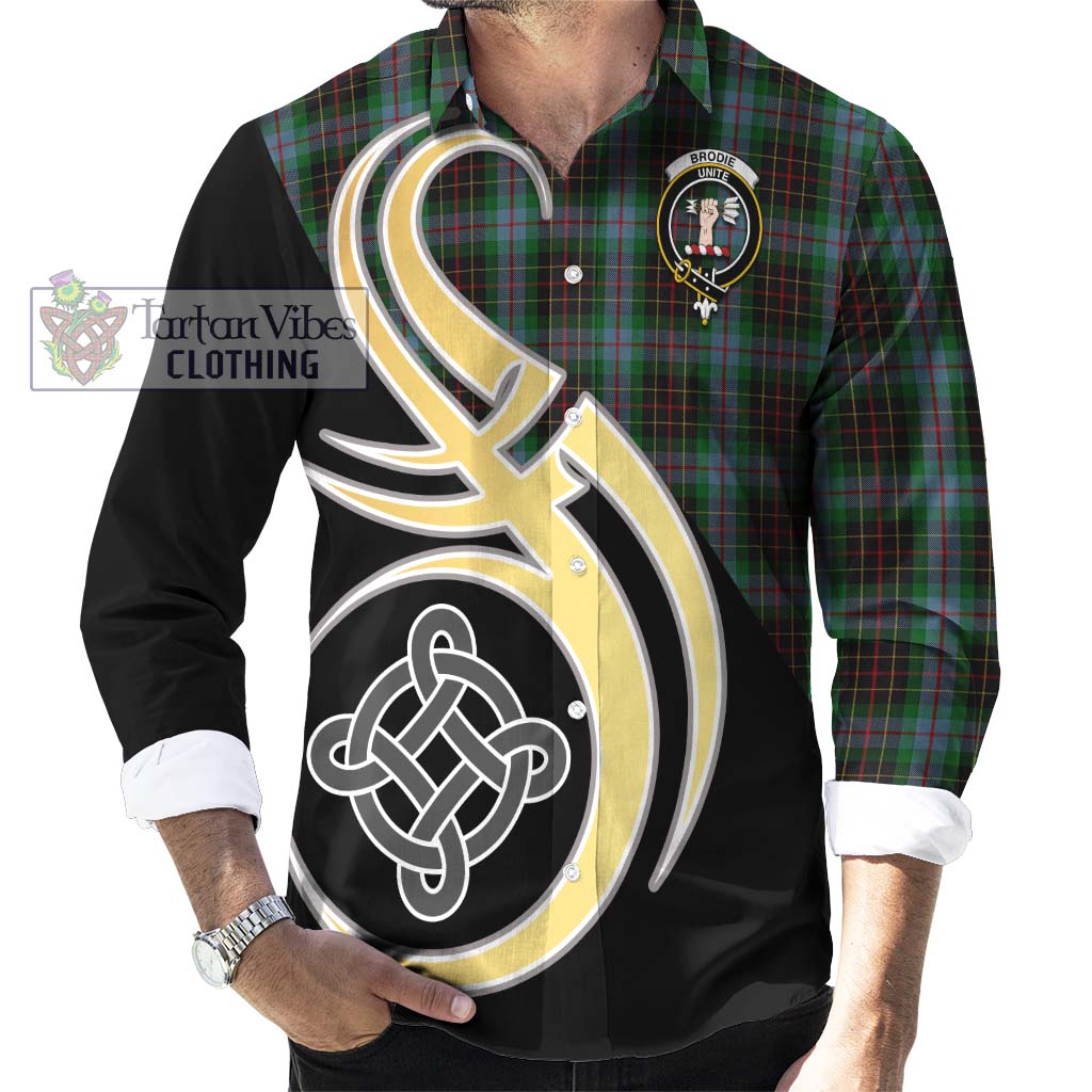 Brodie Hunting Tartan Long Sleeve Button Shirt with Family Crest and Celtic Symbol Style - Tartan Vibes Clothing