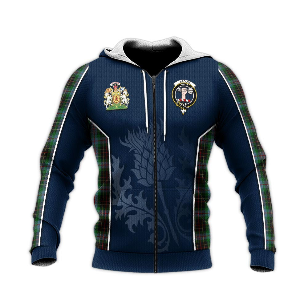 Tartan Vibes Clothing Brodie Hunting Tartan Knitted Hoodie with Family Crest and Scottish Thistle Vibes Sport Style