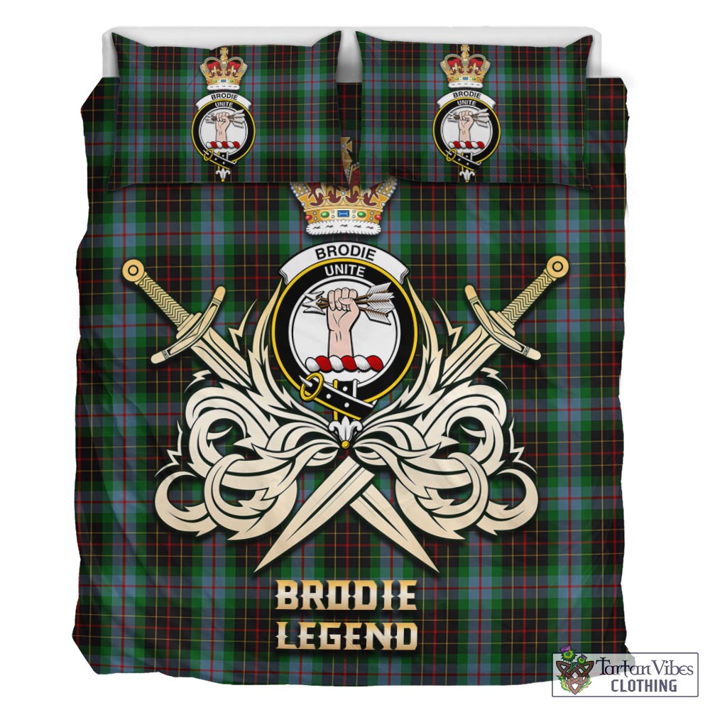 Tartan Vibes Clothing Brodie Hunting Tartan Bedding Set with Clan Crest and the Golden Sword of Courageous Legacy