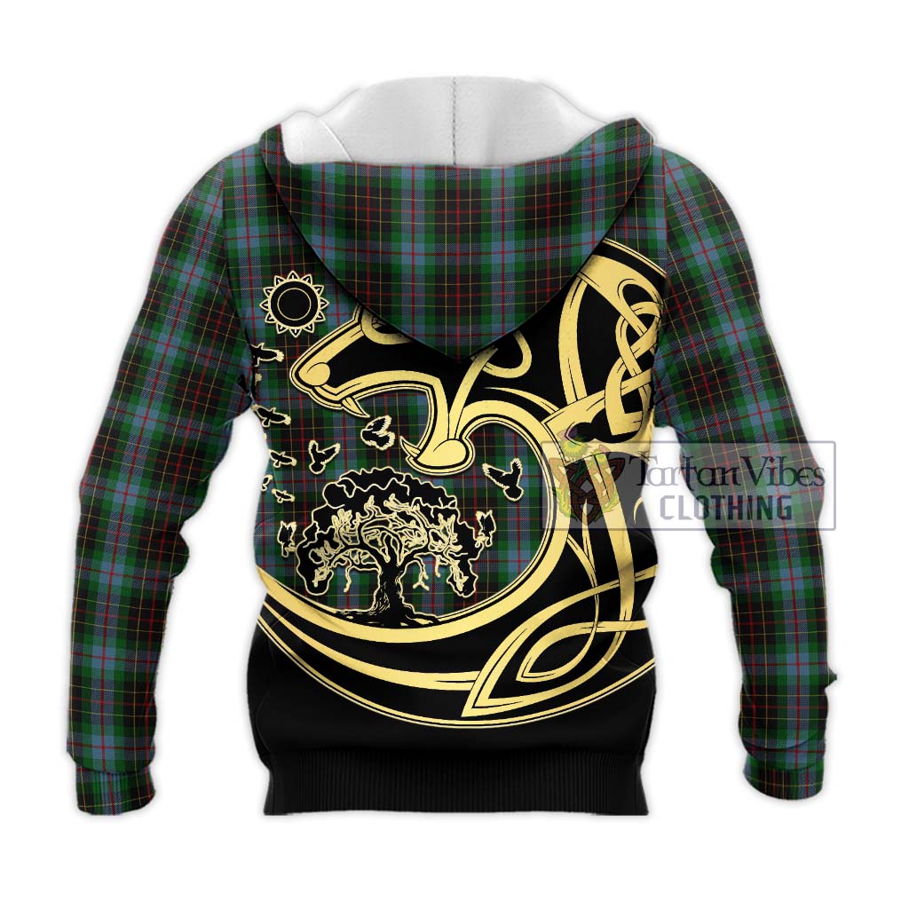 Tartan Vibes Clothing Brodie Hunting Tartan Knitted Hoodie with Family Crest Celtic Wolf Style