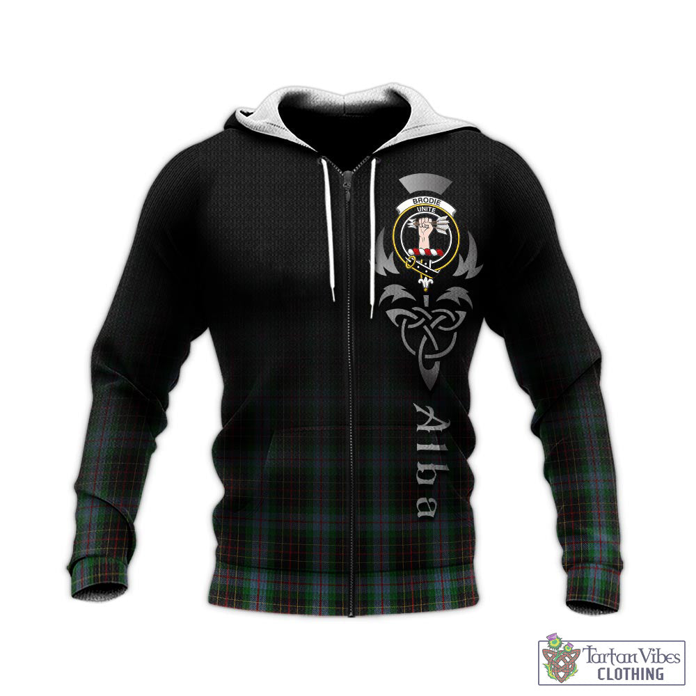 Tartan Vibes Clothing Brodie Hunting Tartan Knitted Hoodie Featuring Alba Gu Brath Family Crest Celtic Inspired