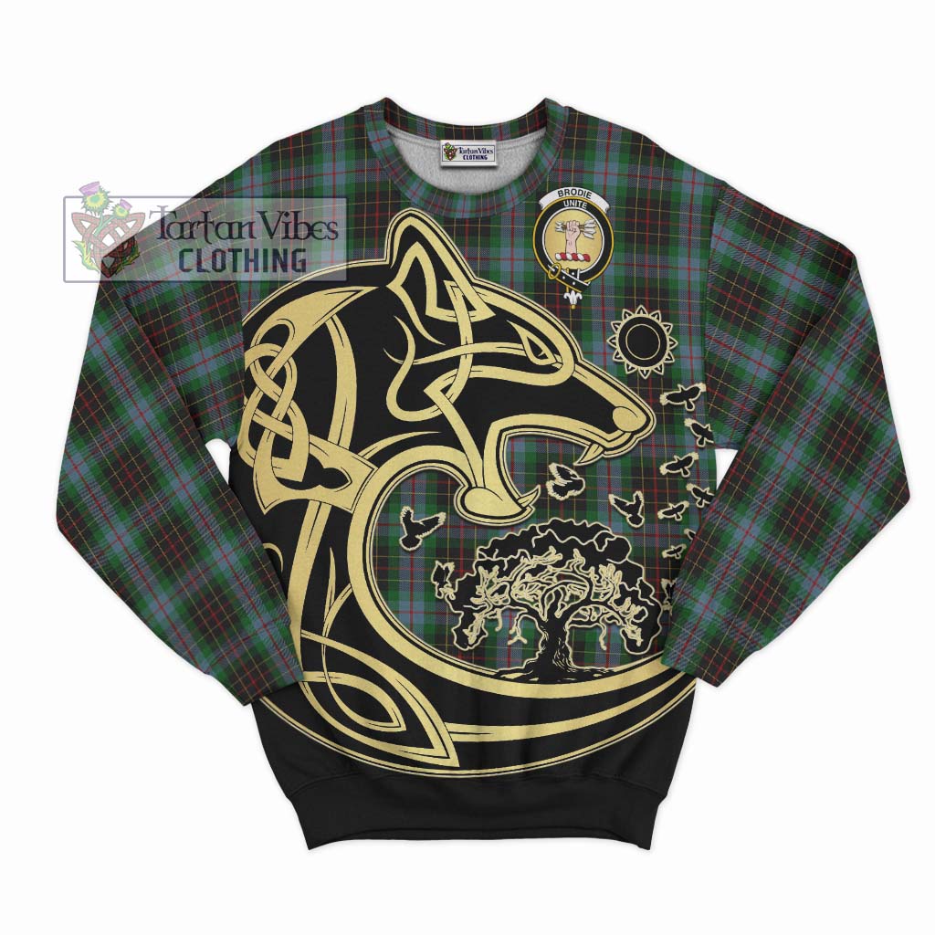 Tartan Vibes Clothing Brodie Hunting Tartan Sweatshirt with Family Crest Celtic Wolf Style