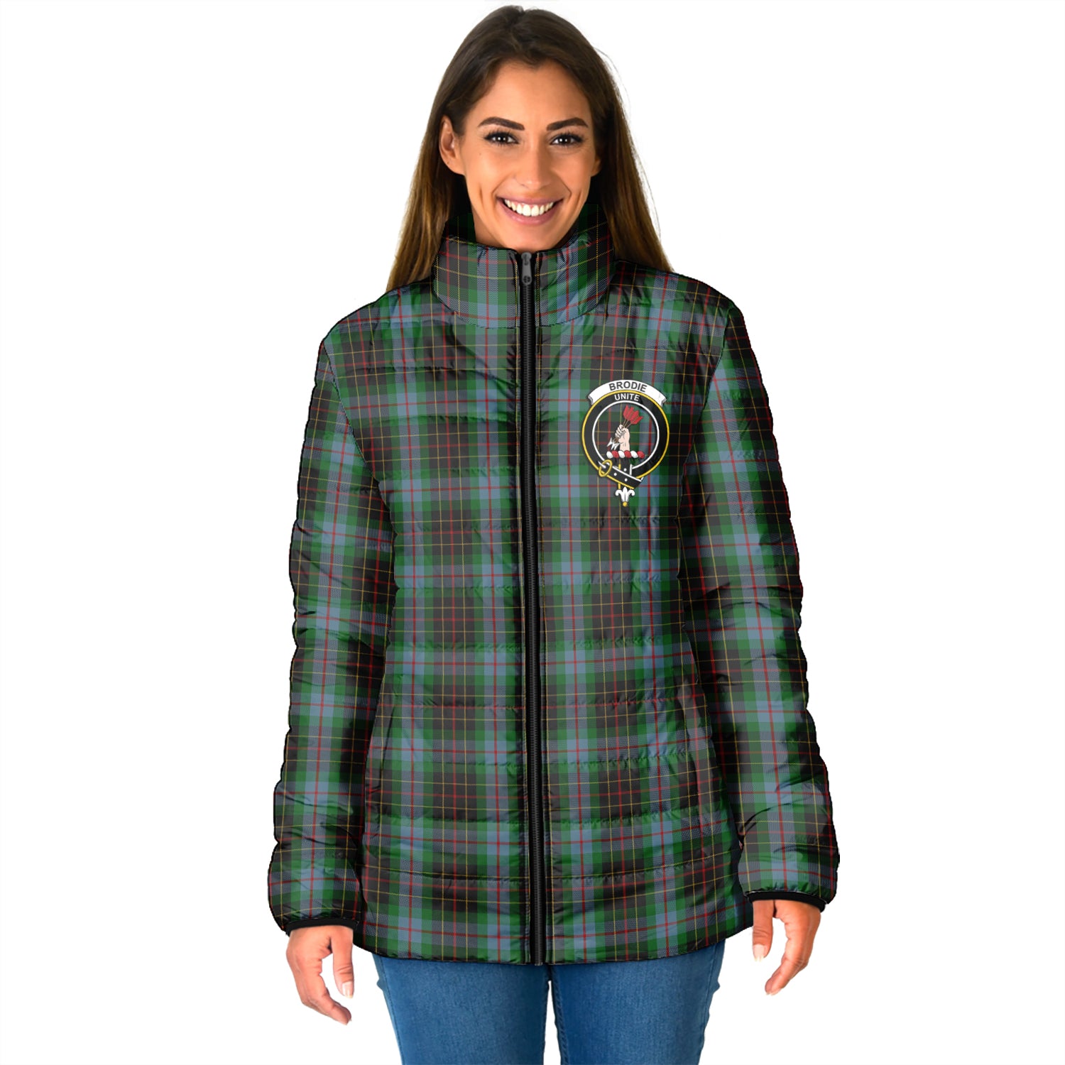 Brodie Hunting Tartan Padded Jacket with Family Crest - Tartan Vibes Clothing