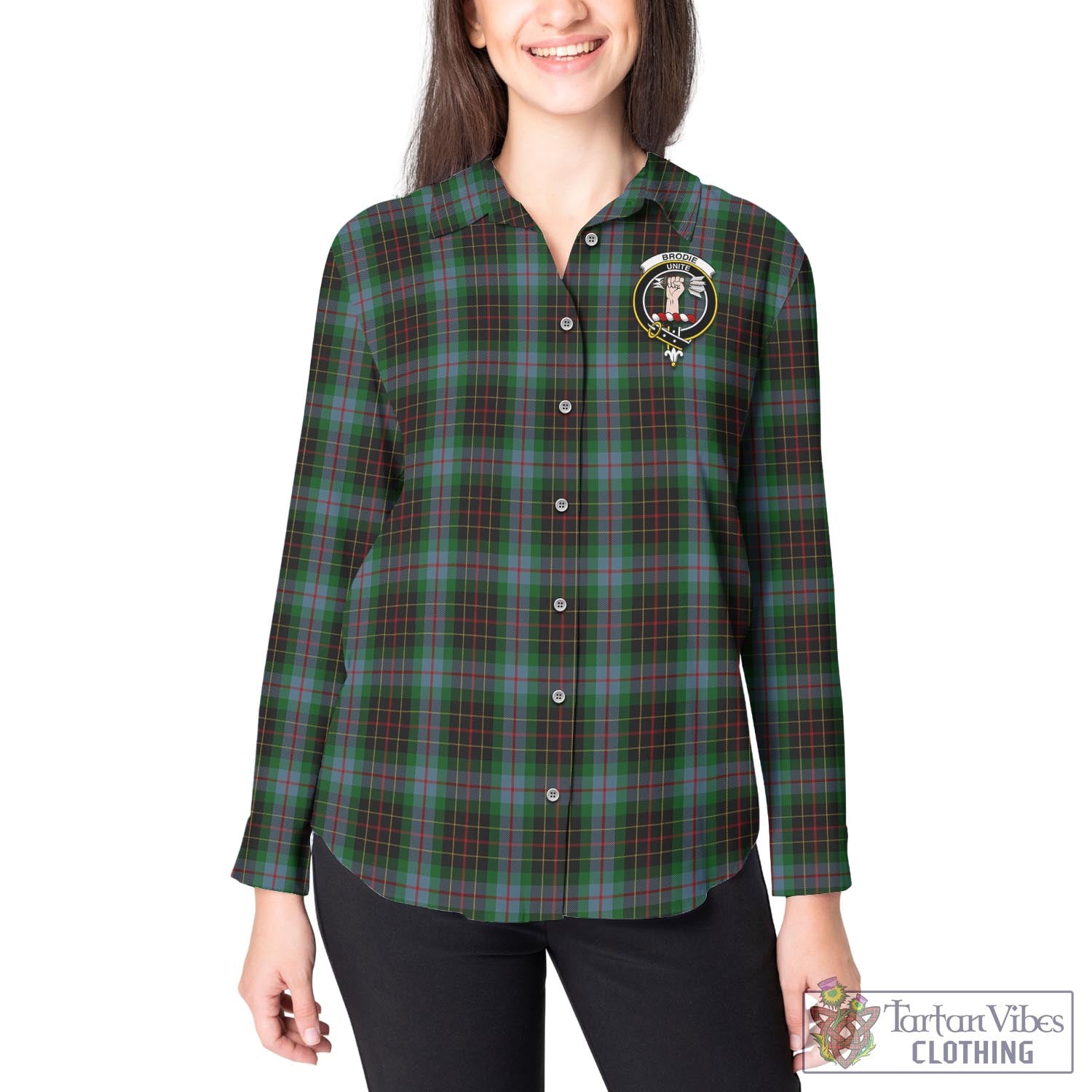 Tartan Vibes Clothing Brodie Hunting Tartan Womens Casual Shirt with Family Crest