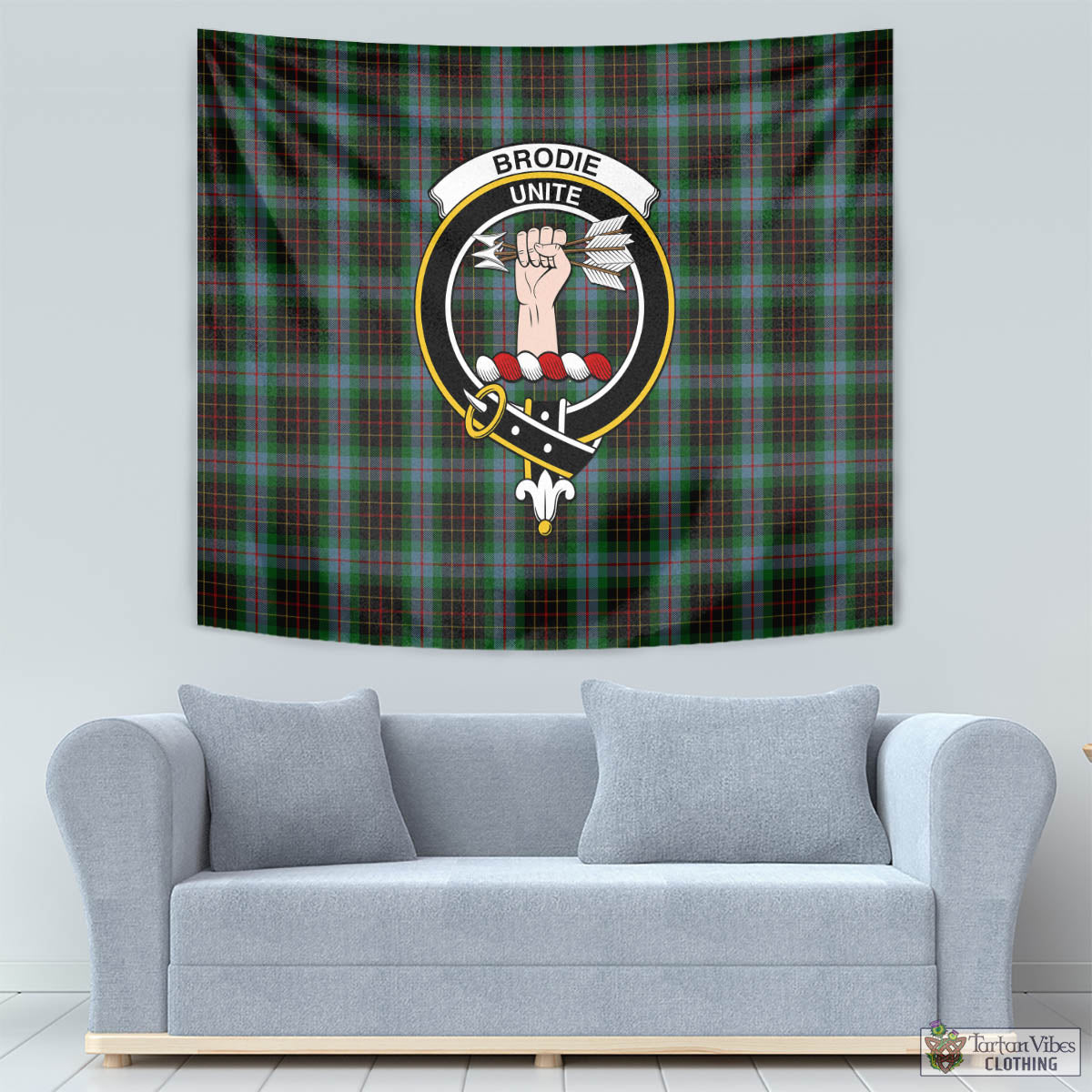 Tartan Vibes Clothing Brodie Hunting Tartan Tapestry Wall Hanging and Home Decor for Room with Family Crest