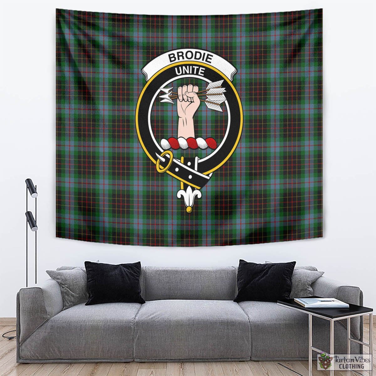 Tartan Vibes Clothing Brodie Hunting Tartan Tapestry Wall Hanging and Home Decor for Room with Family Crest