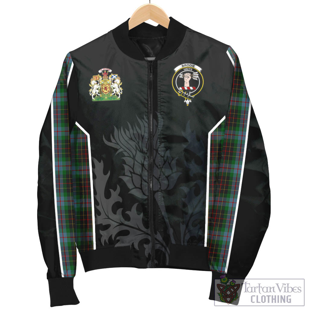 Tartan Vibes Clothing Brodie Hunting Tartan Bomber Jacket with Family Crest and Scottish Thistle Vibes Sport Style