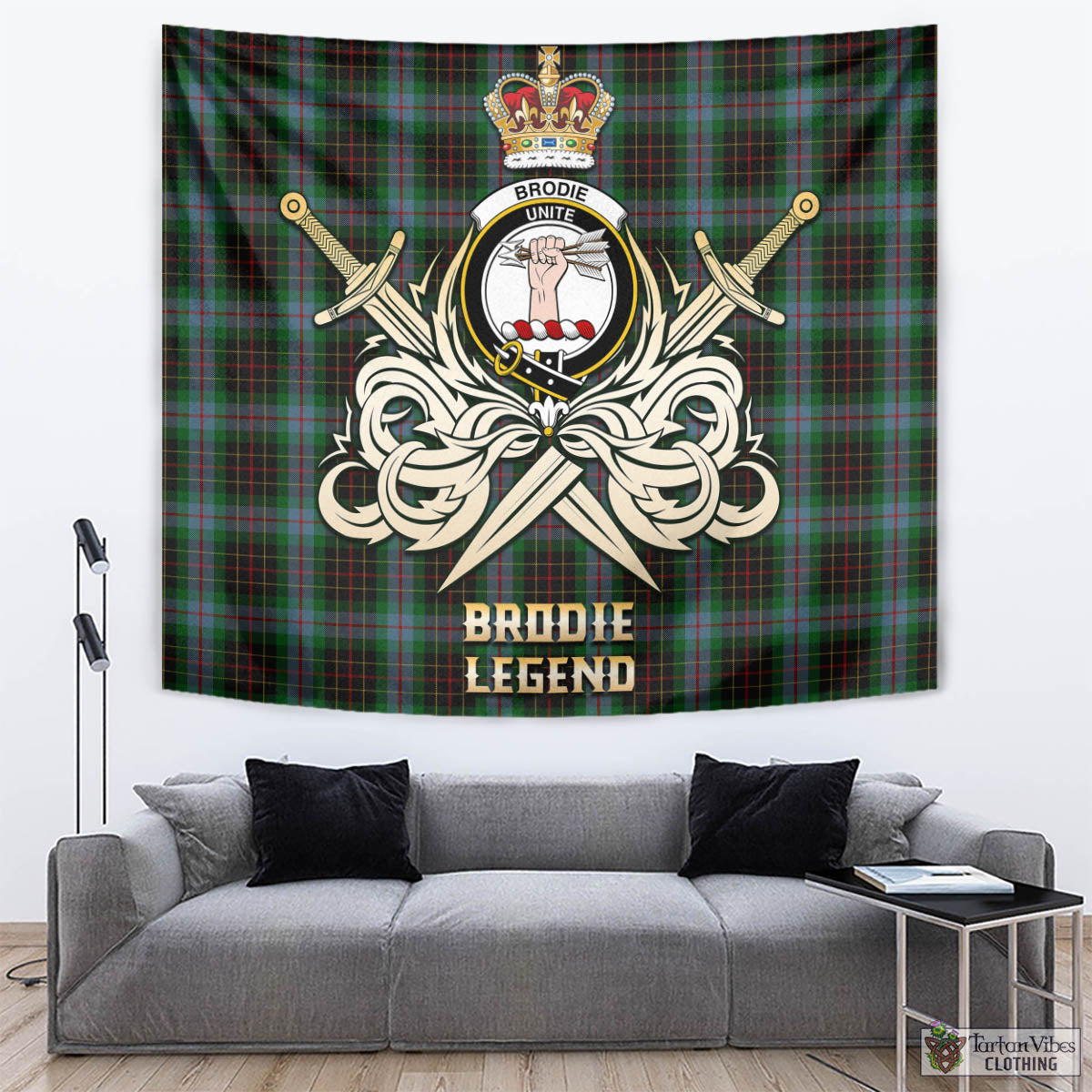 Tartan Vibes Clothing Brodie Hunting Tartan Tapestry with Clan Crest and the Golden Sword of Courageous Legacy