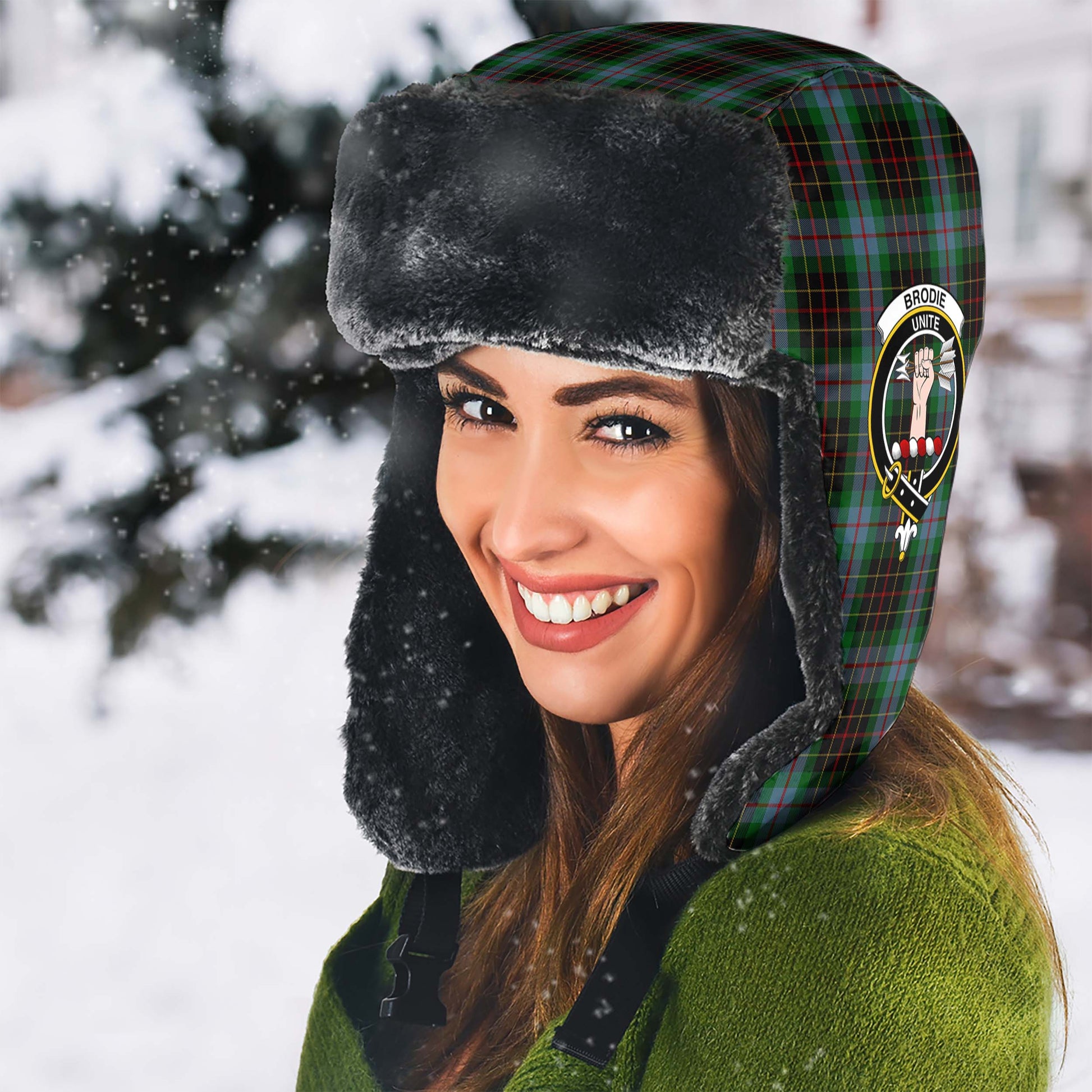 Brodie Hunting Tartan Winter Trapper Hat with Family Crest - Tartanvibesclothing