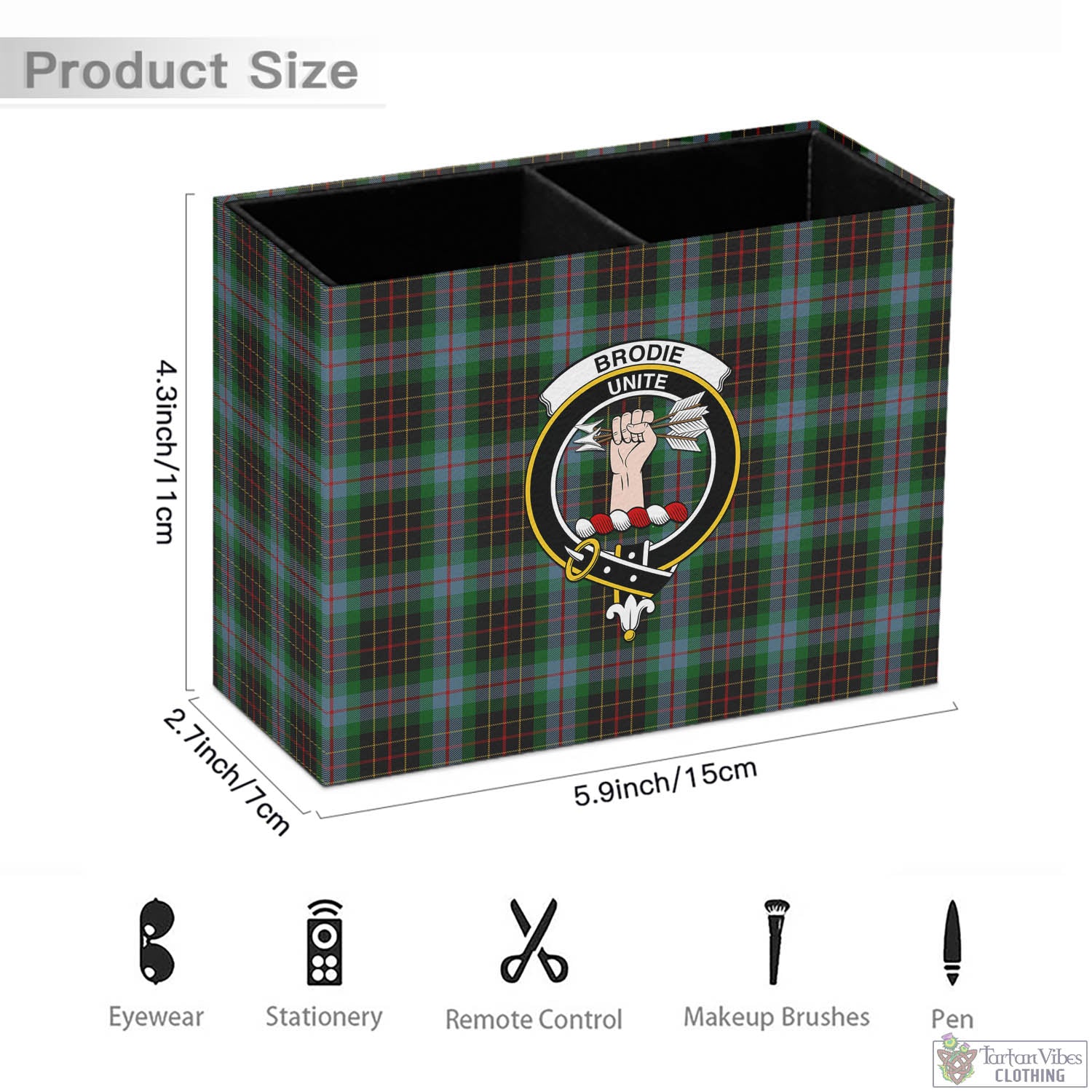 Tartan Vibes Clothing Brodie Hunting Tartan Pen Holder with Family Crest