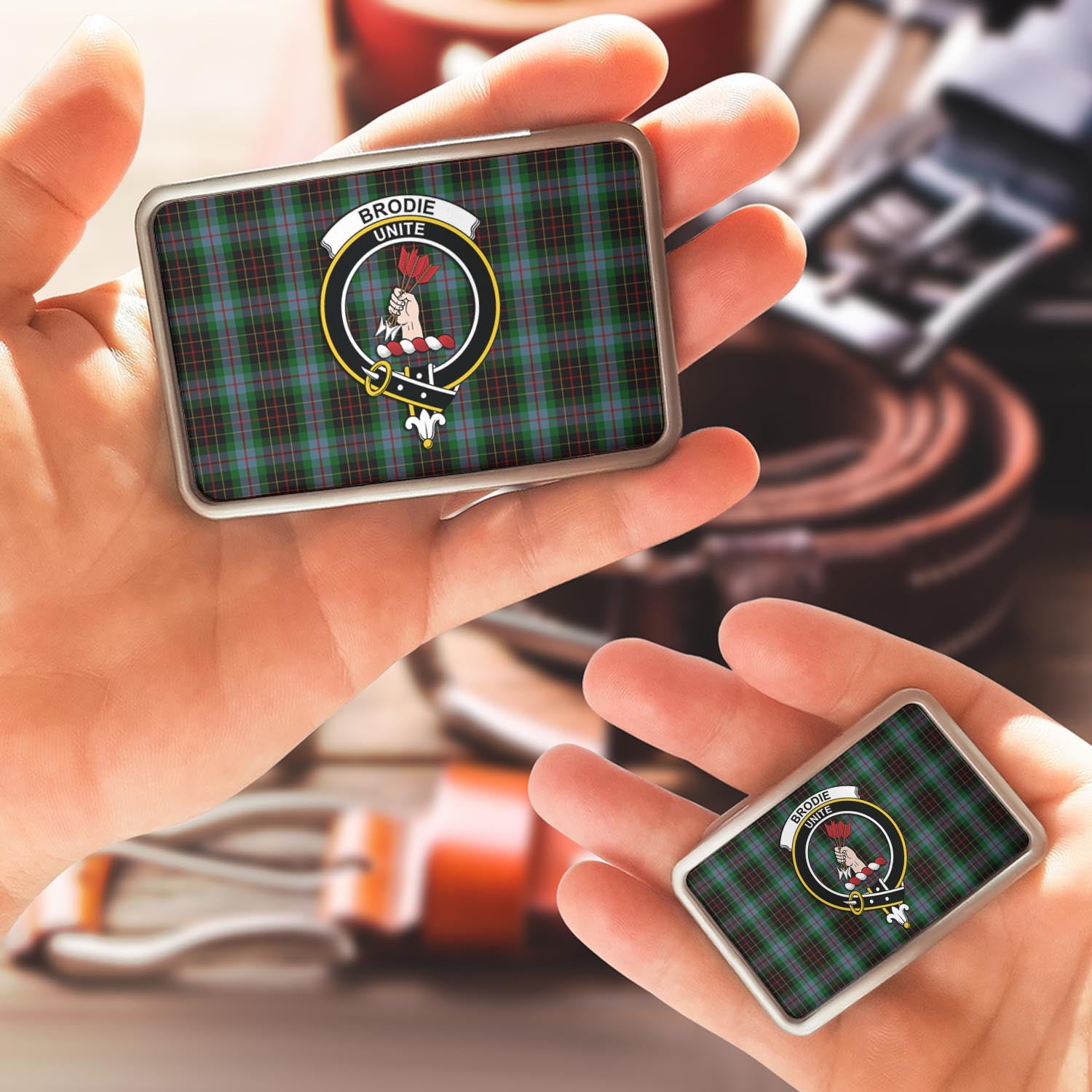 Brodie Hunting Tartan Belt Buckles with Family Crest - Tartan Vibes Clothing