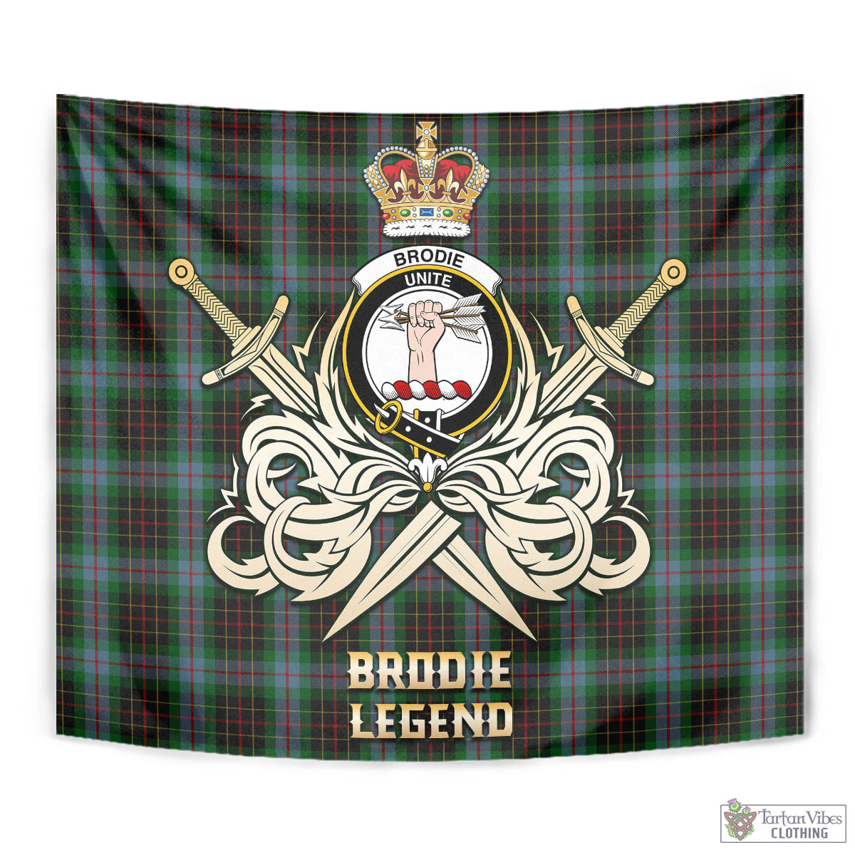 Tartan Vibes Clothing Brodie Hunting Tartan Tapestry with Clan Crest and the Golden Sword of Courageous Legacy