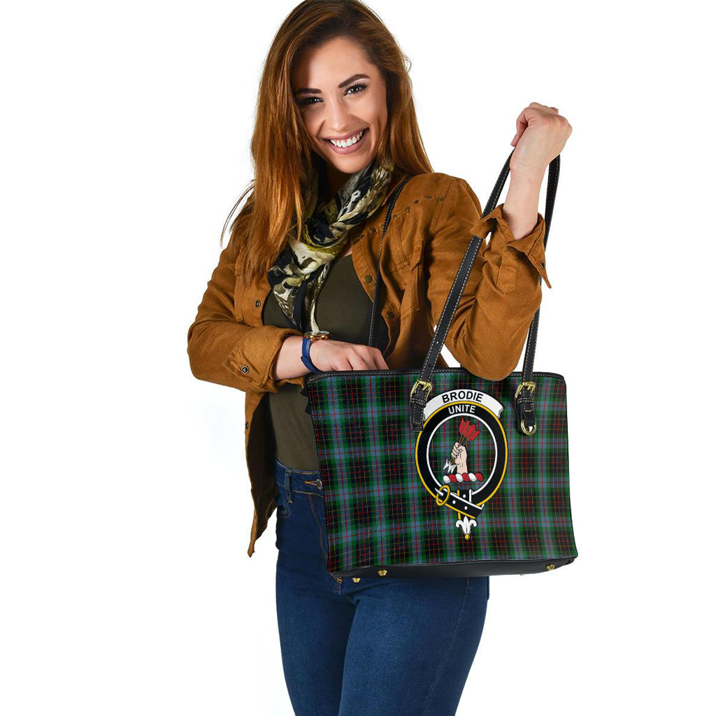 Brodie Hunting Tartan Leather Tote Bag with Family Crest - Tartanvibesclothing