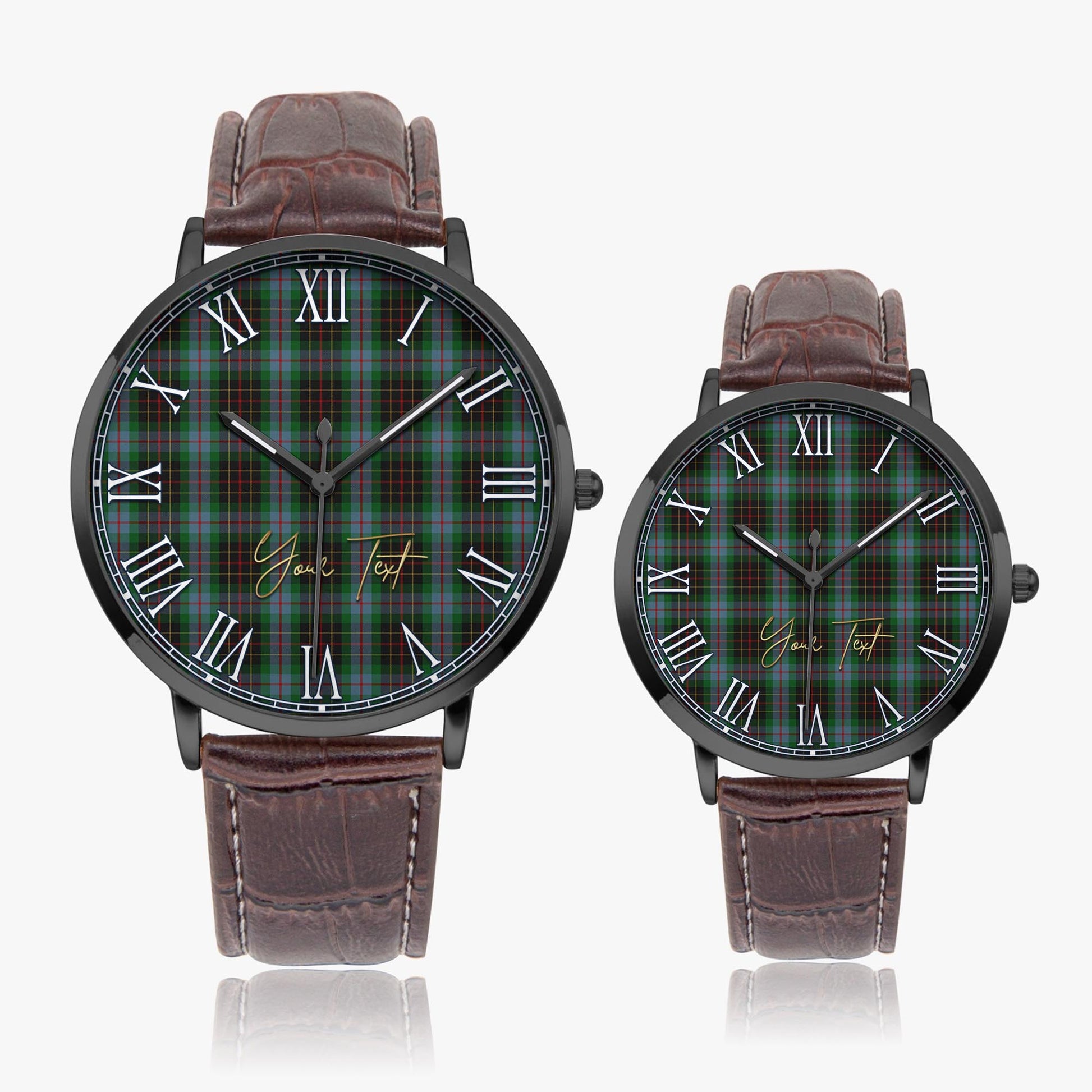 Brodie Hunting Tartan Personalized Your Text Leather Trap Quartz Watch Ultra Thin Black Case With Brown Leather Strap - Tartanvibesclothing