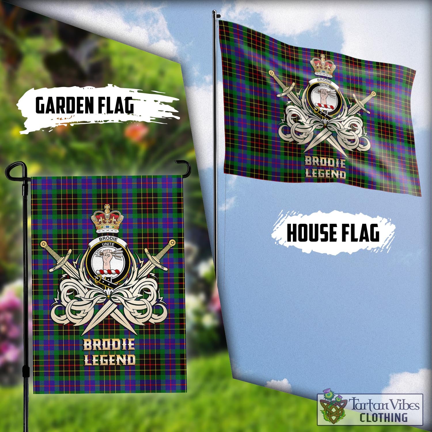 Tartan Vibes Clothing Brodie Hunting Modern Tartan Flag with Clan Crest and the Golden Sword of Courageous Legacy